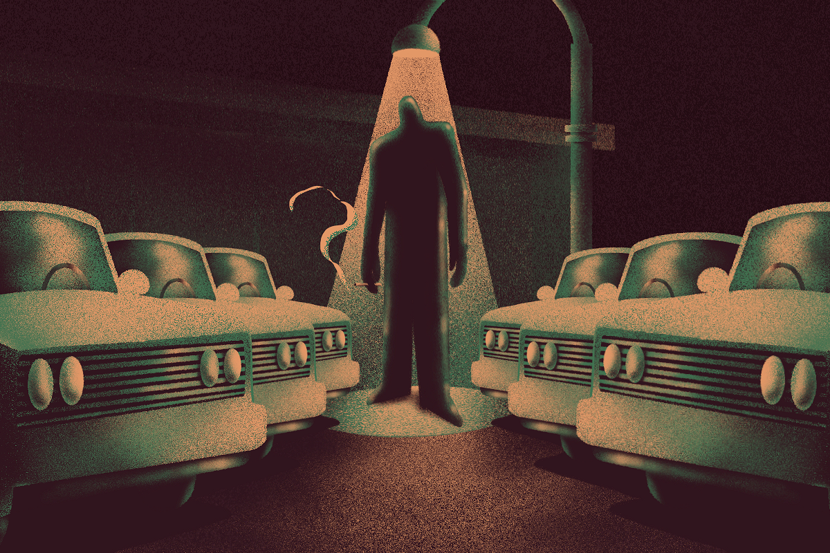 An illustration of a figure standing under a lamp surrounded by cars.