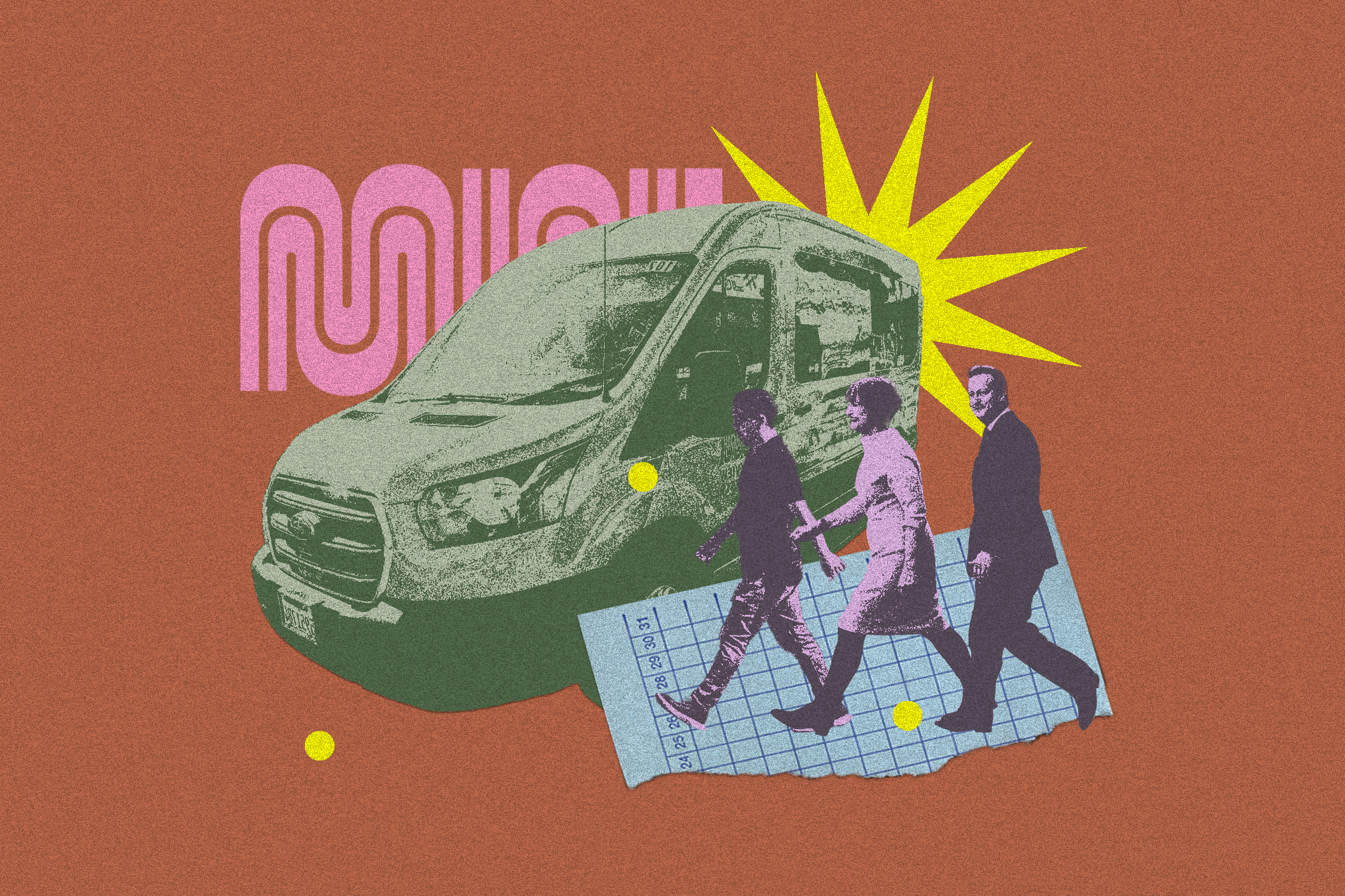 A van, three people walking over a graph, a sunburst, and pink abstract shapes are on a textured brown background with scattered yellow dots.