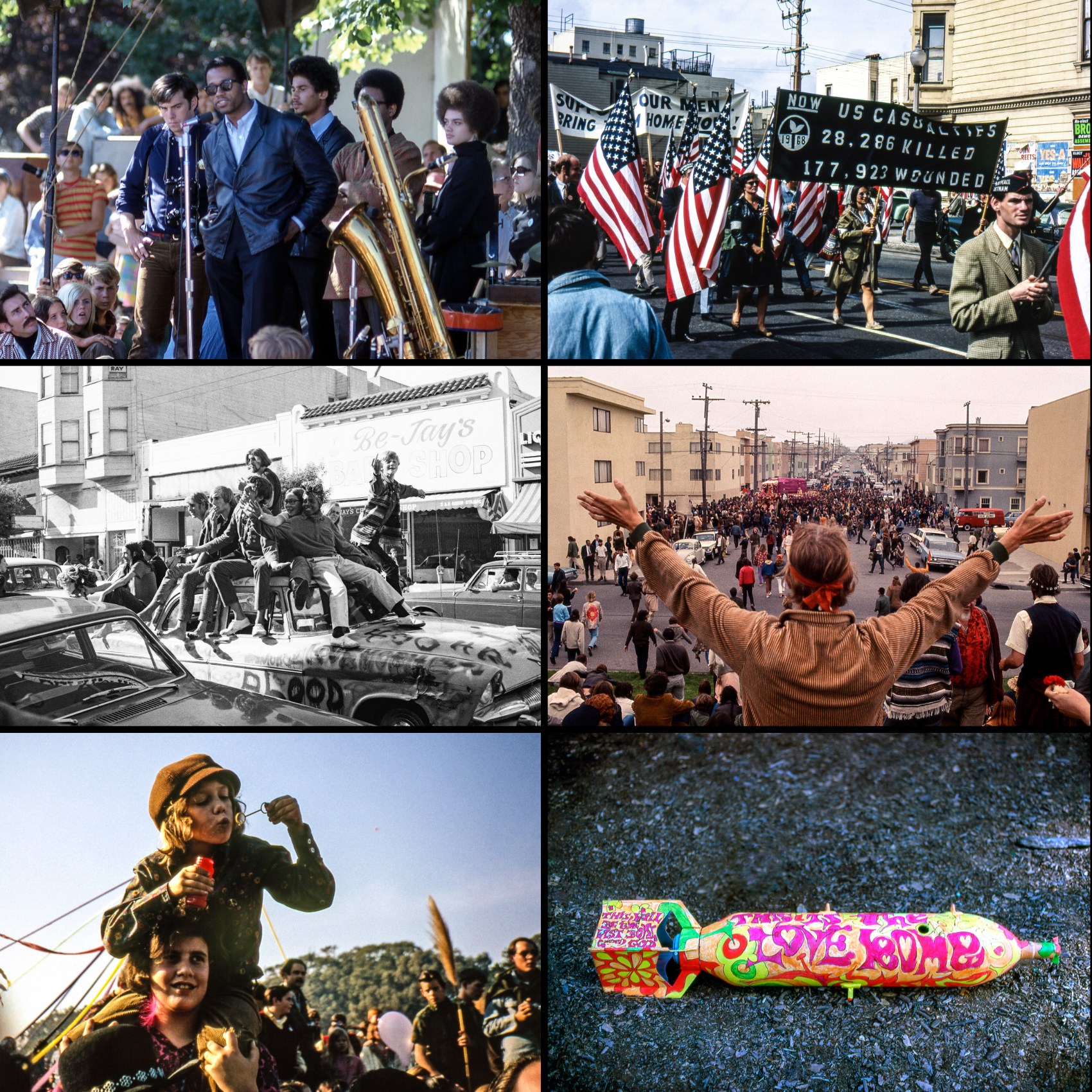 The image collage shows 1960s protests, musical performances, people gathered for parades, and colorful hippie culture scenes, reflecting vibrant activism and expression.