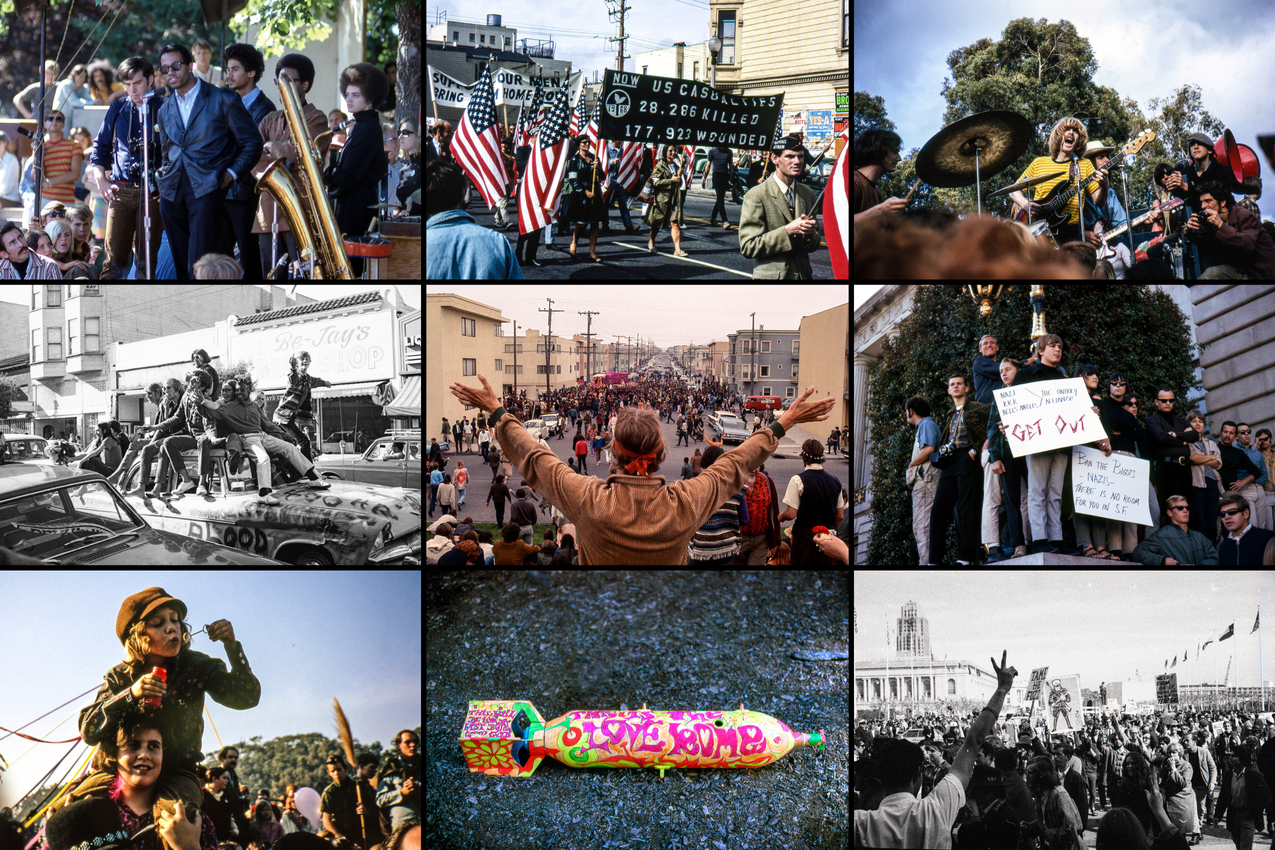 The image collage shows 1960s protests, musical performances, people gathered for parades, and colorful hippie culture scenes, reflecting vibrant activism and expression.