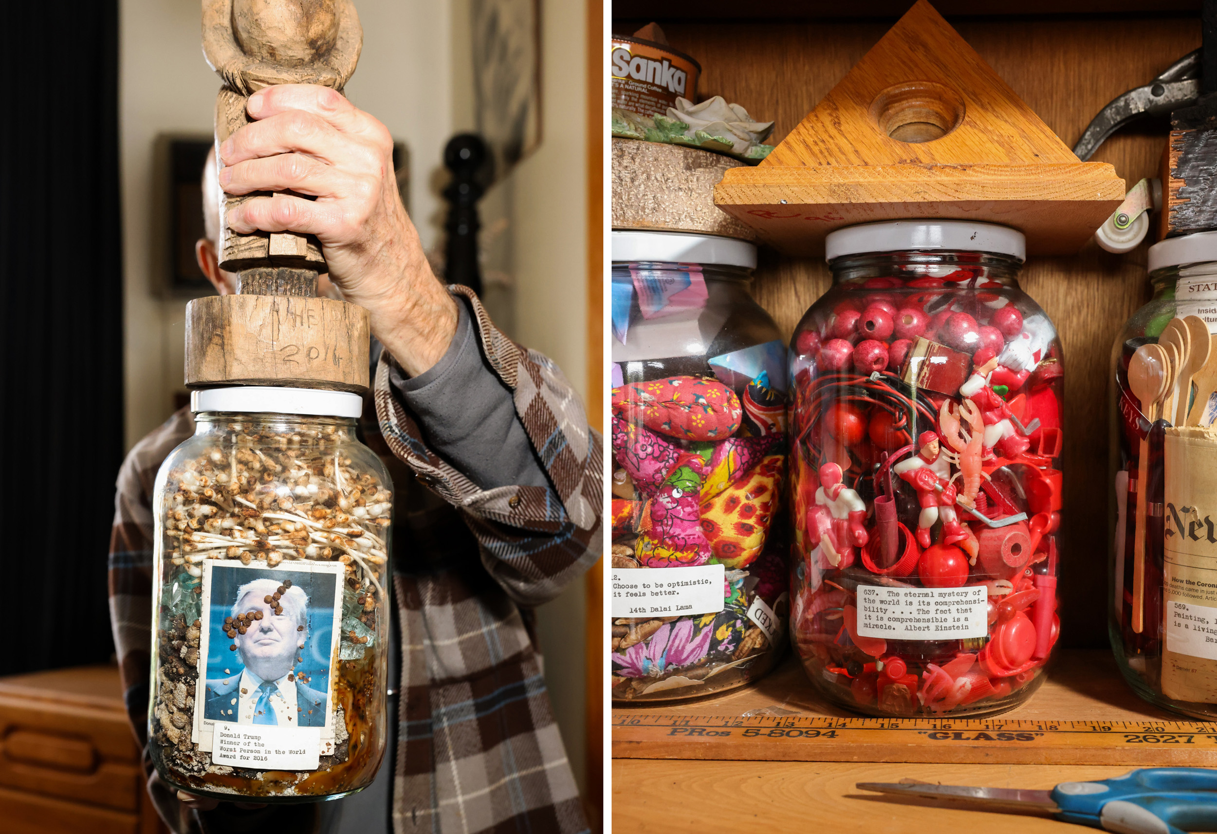 The image shows two mason jars, one held by a person with a photo label, and the other with colorful items and quotes inside, placed on a wooden shelf.