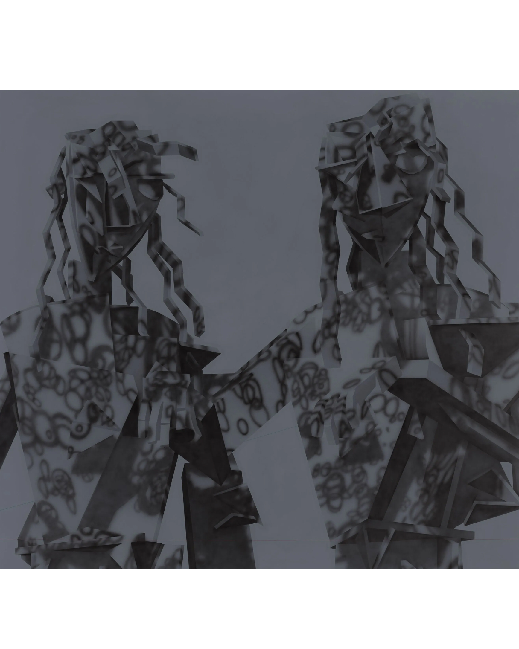 The image shows two abstract, faceless figures in grayscale, composed of geometric shapes and patterns. They resemble human forms with angular, flowing hair.