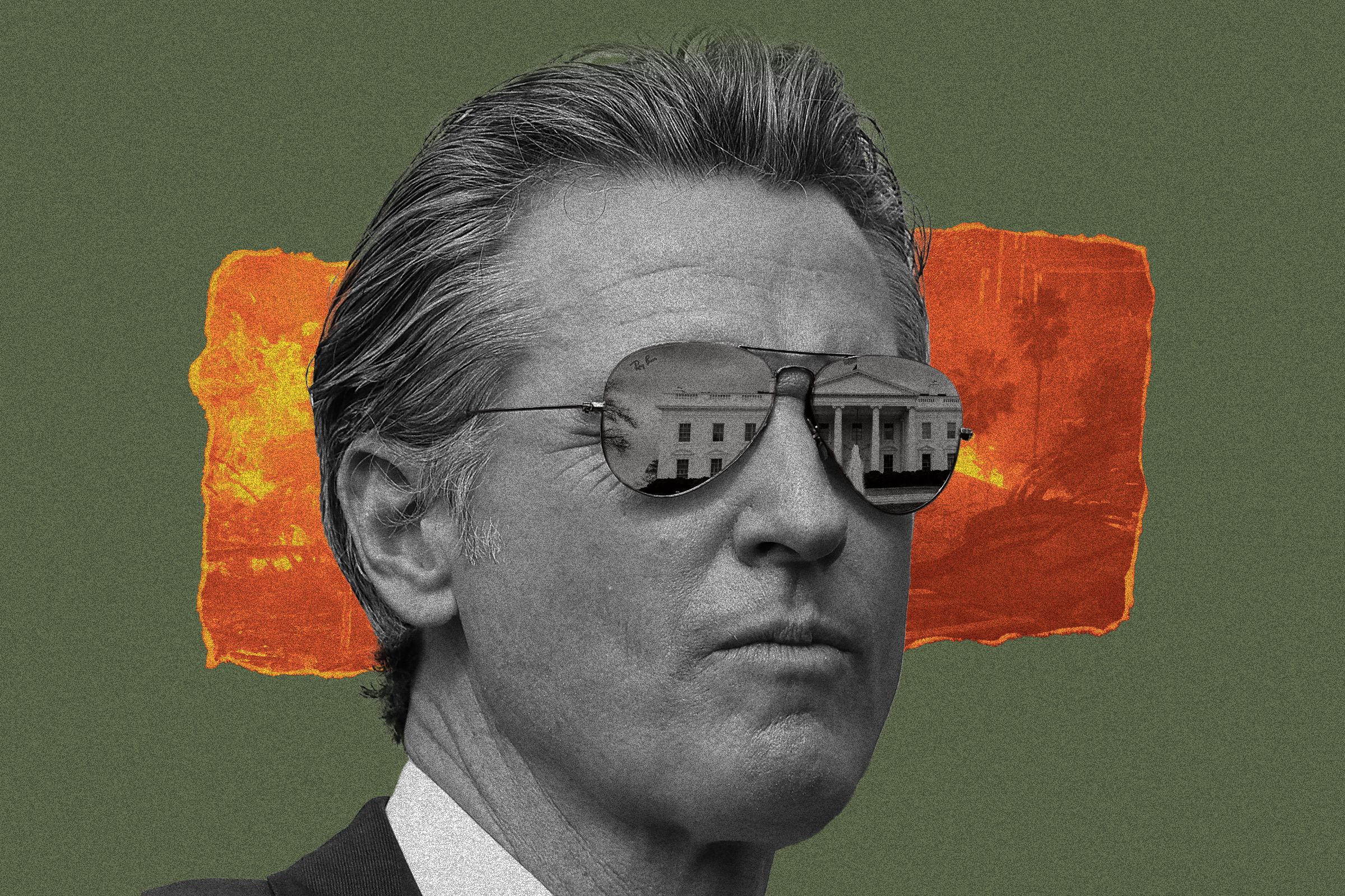 A person wearing sunglasses reflects a building, set against a green and orange abstract background. The image combines grayscale and color elements.