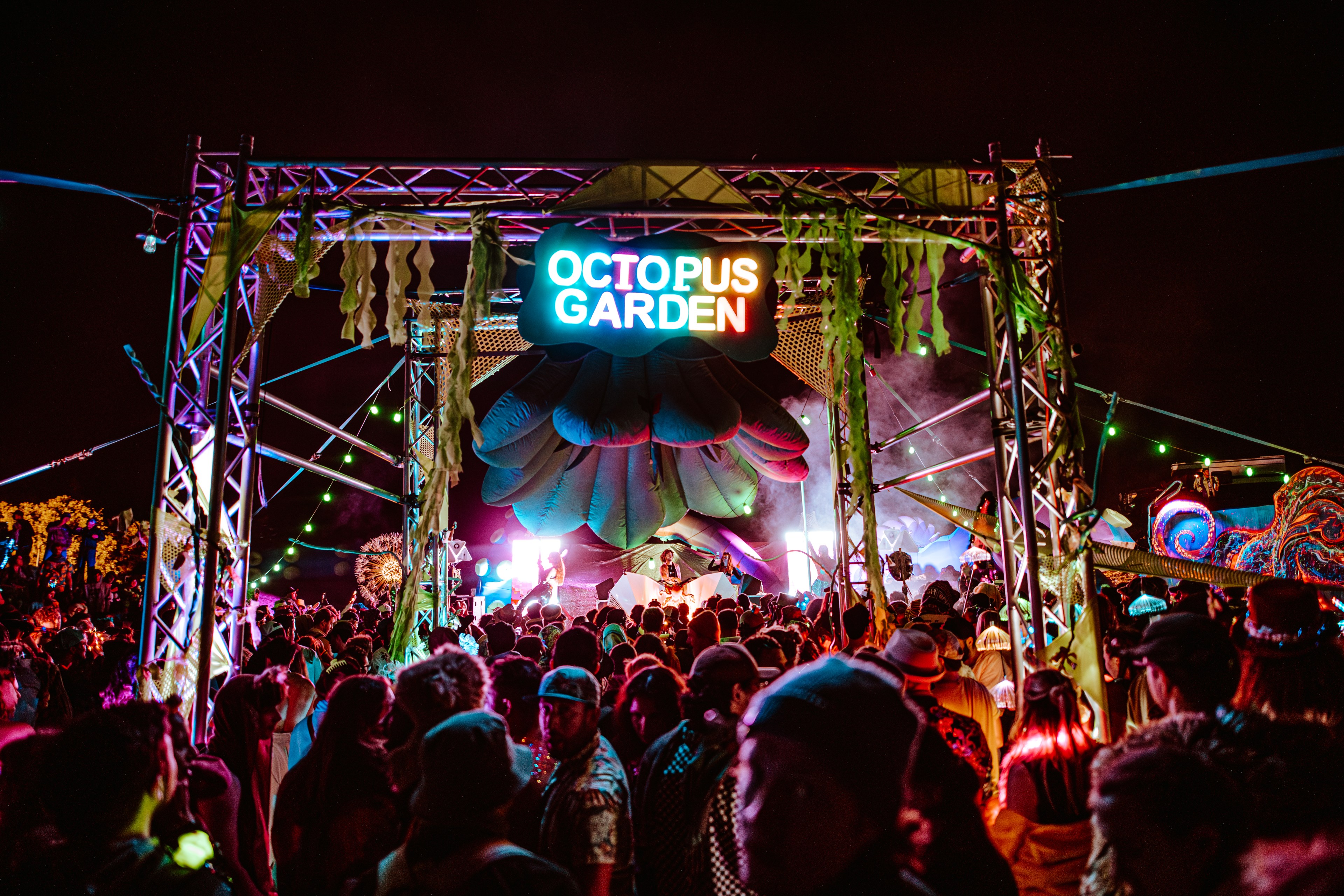 A vibrant crowd gathers at a nighttime festival, beneath a colorful &quot;OCTOPUS GARDEN&quot; sign and a large, illuminated octopus decoration.