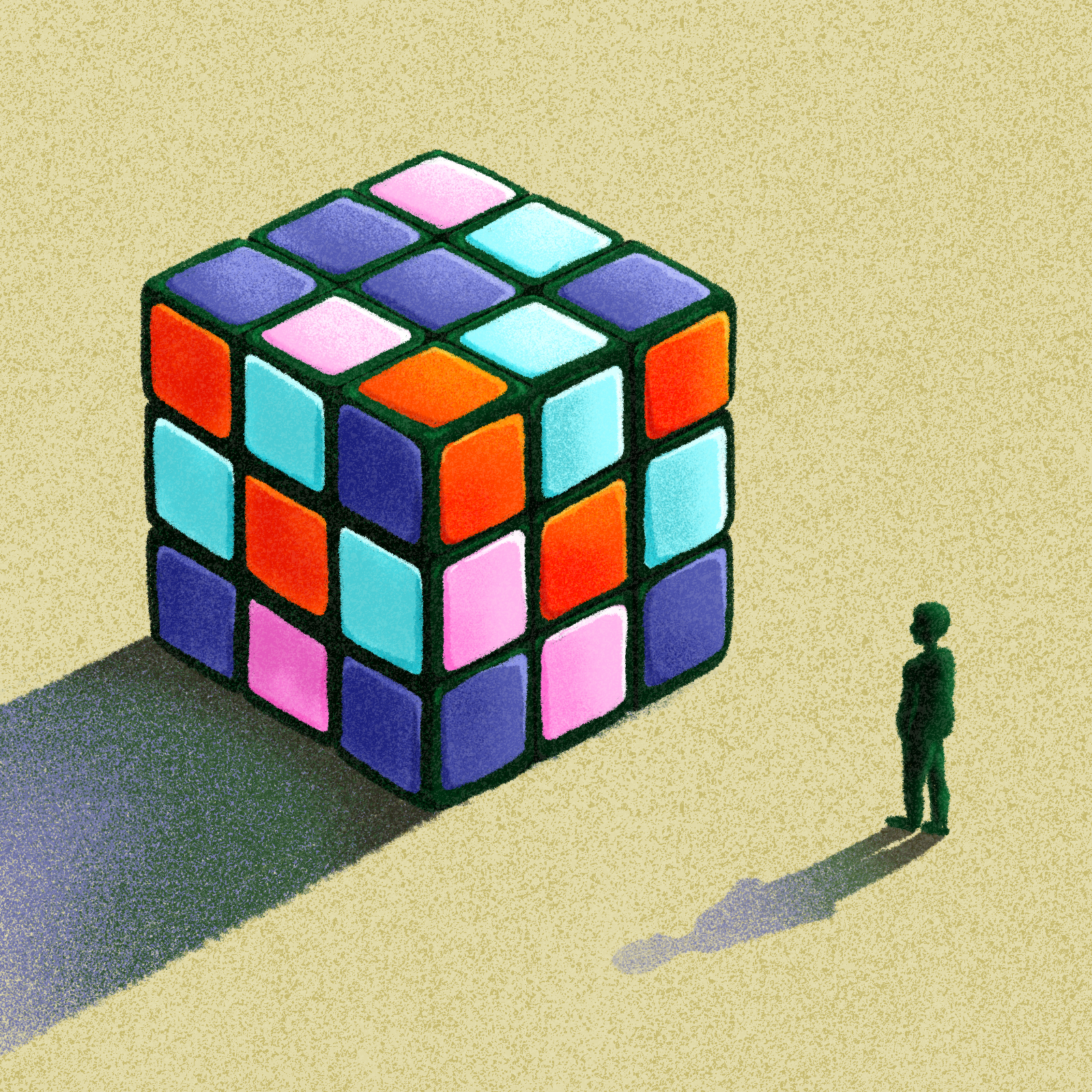 An illustration depicting a rubiks cube with a figure standing next to it.