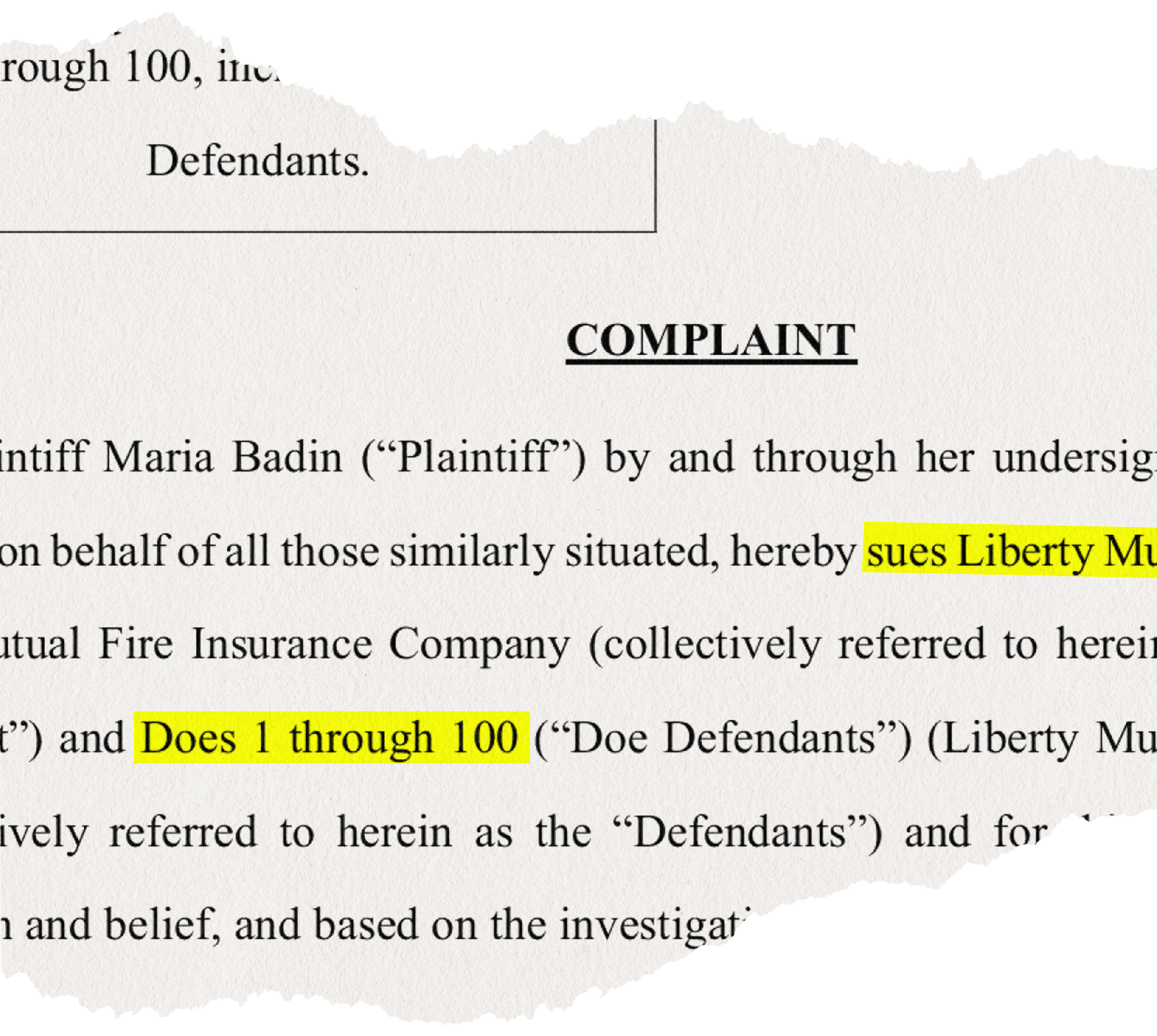 A portion of a legal complaint filed by Maria Badin, cut off at the sides.