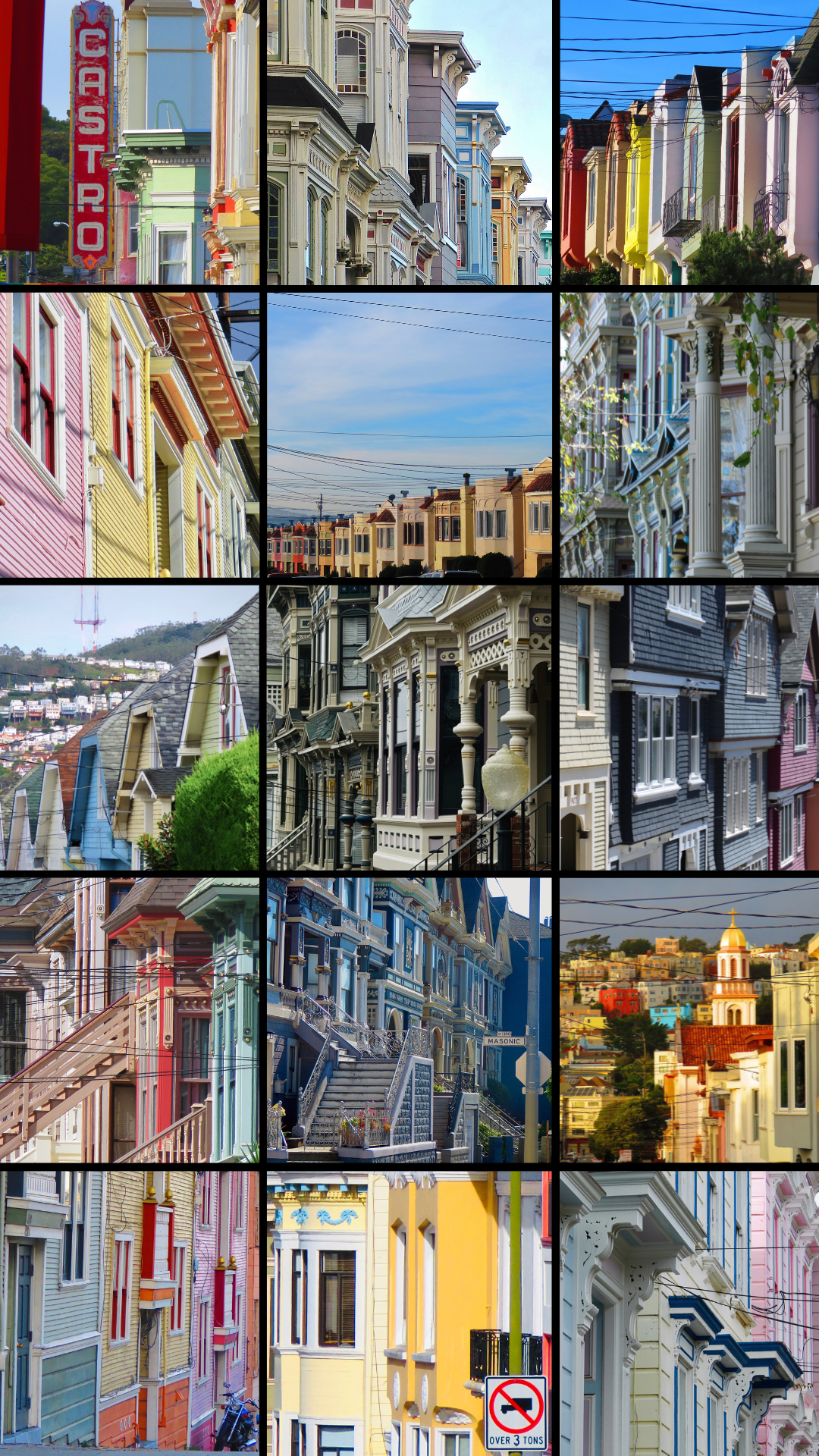 The image shows a collage of colorful Victorian-style houses with ornate details, mostly in pastel shades. A &quot;Castron&quot; sign and a hilly background are visible.