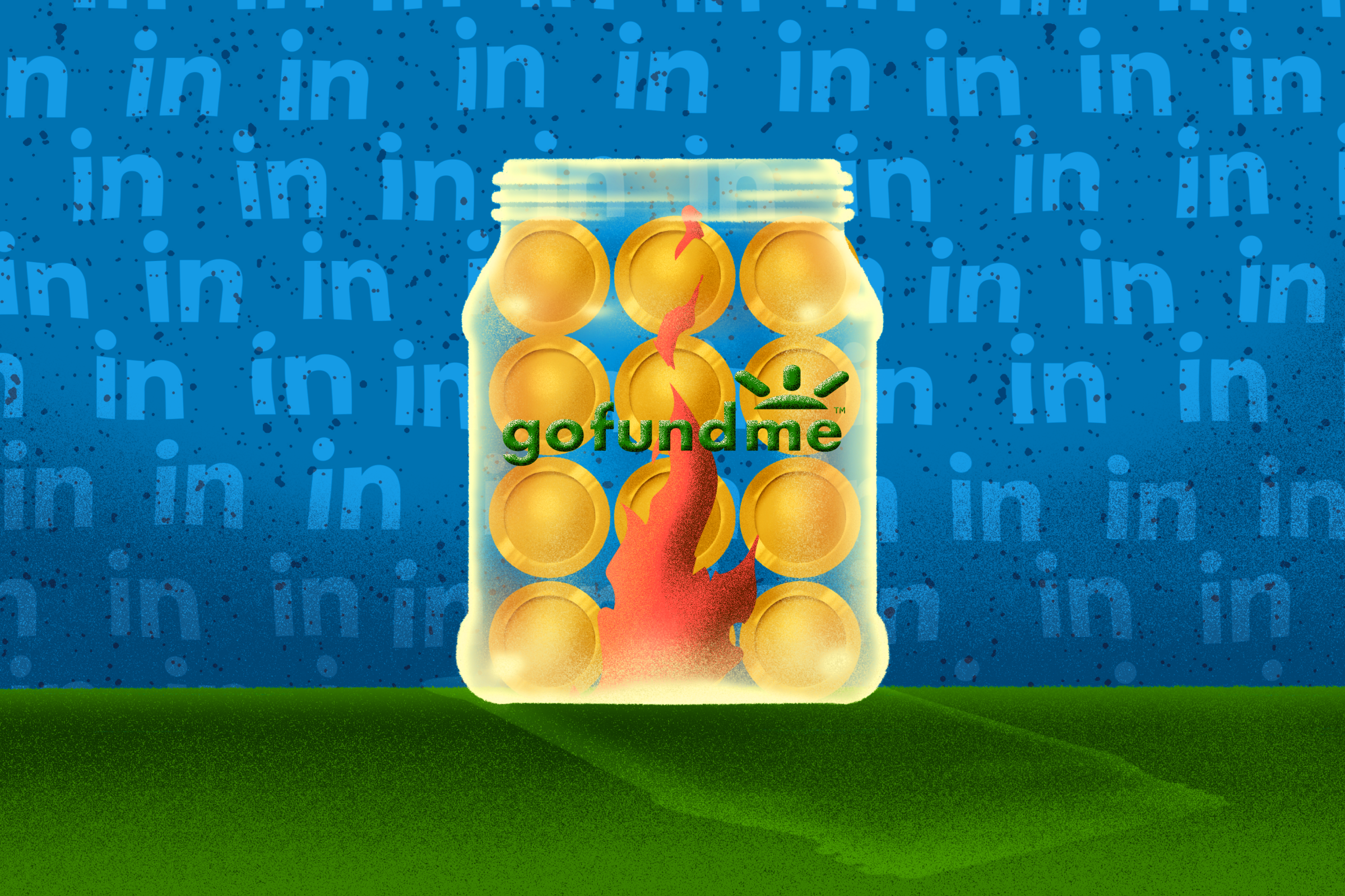 An illustration depicting a jar with coins inside of it. The background is blue and the foreground is green.