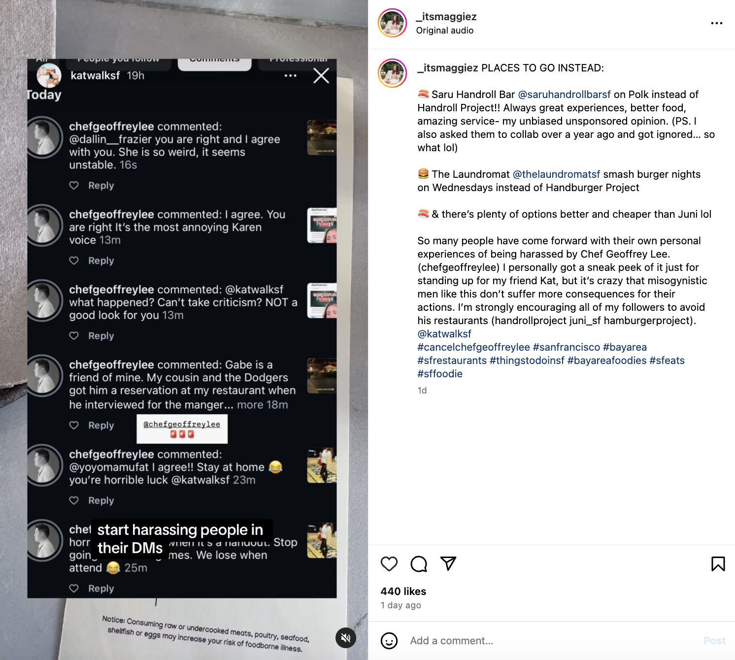 The image shows Instagram comments by a user discussing negative interactions with Chef Geoffrey Lee, alongside a post advising followers to avoid his restaurants.