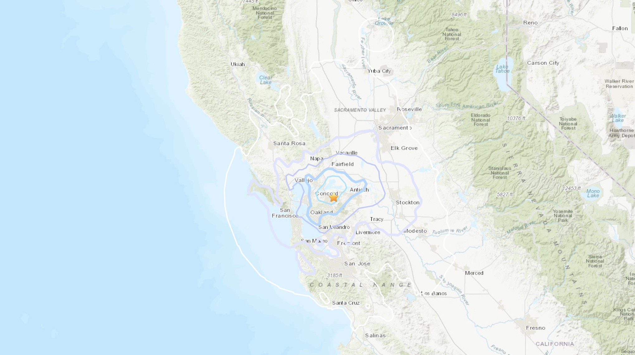 The image is a map showing Northern California, highlighting major cities like San Francisco, Oakland, and Sacramento, with surrounding national parks and geographical features.