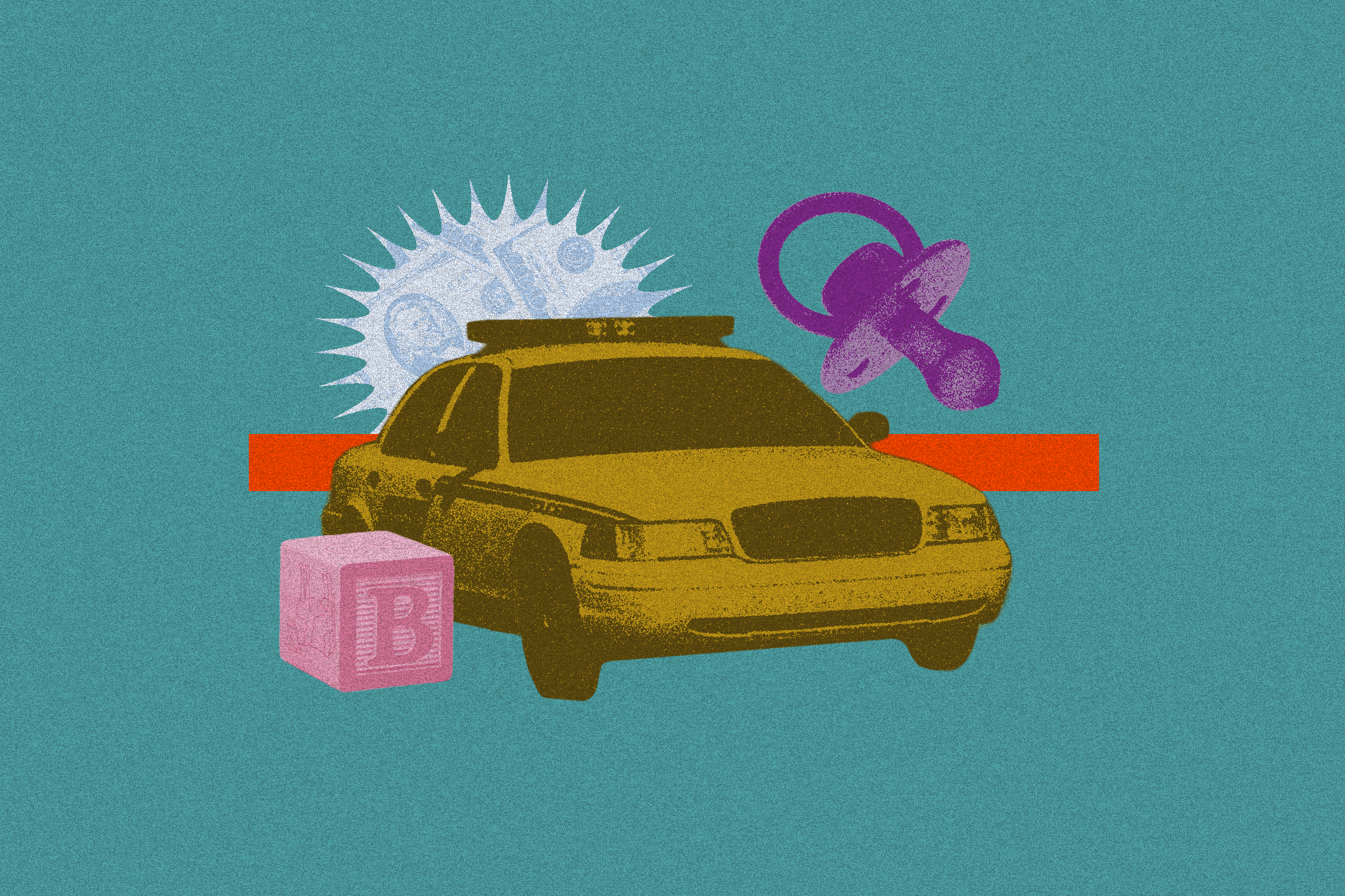 The image shows a yellow police car, a pacifier, a pink baby block with a "B," a sunburst design, and an orange stripe on a teal background.