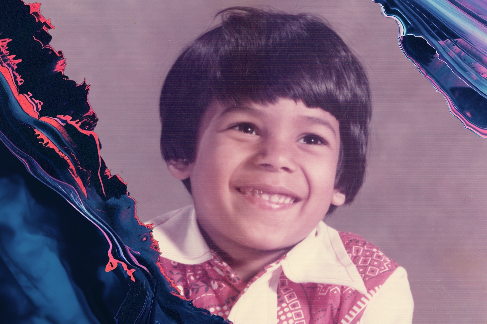 A young child with a big smile is dressed in a white shirt and red patterned vest. The background is abstract with swirling dark blue and pink textures.