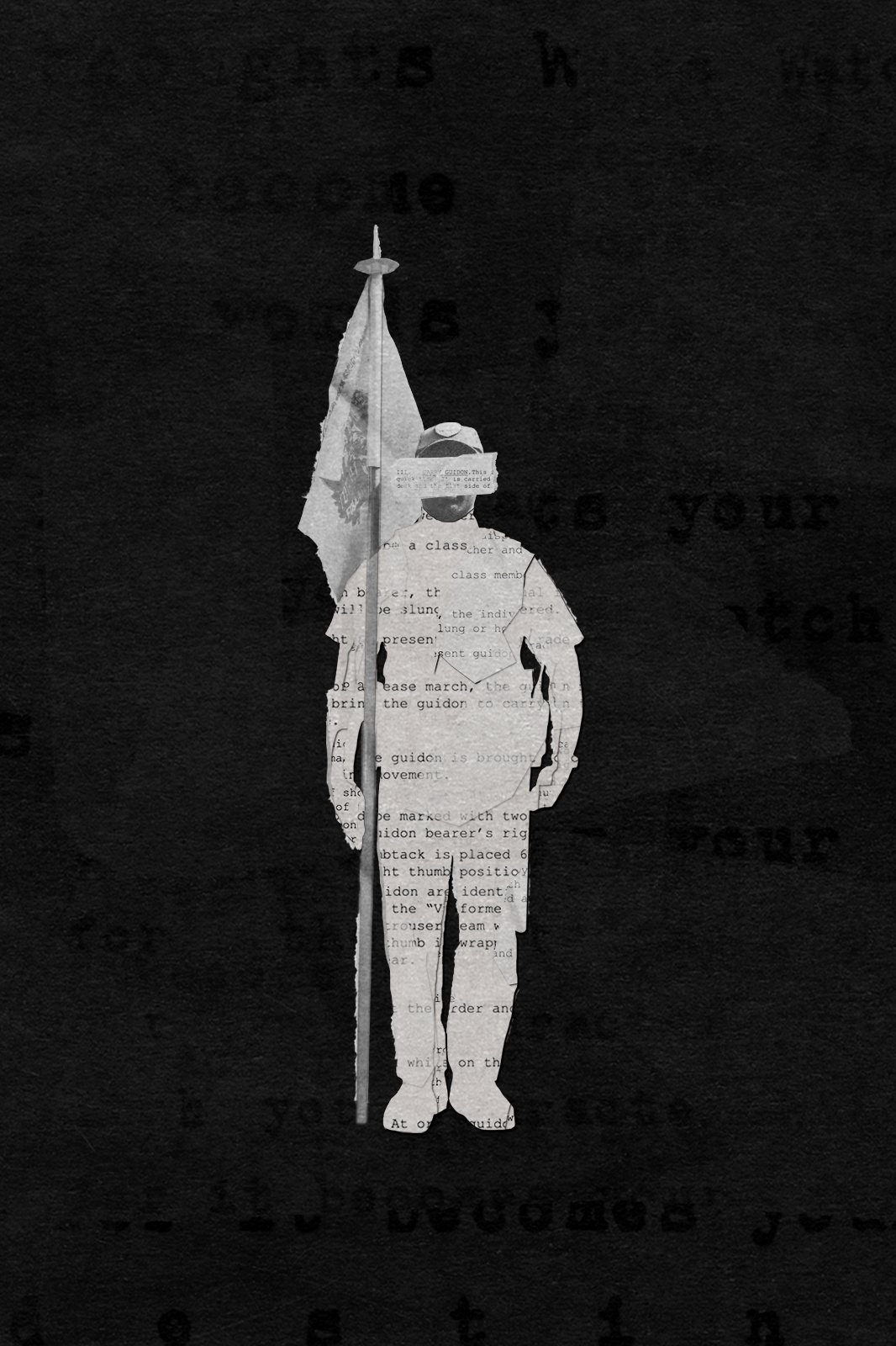 A photo collage depicting a figure of a man in uniform holding a flag.