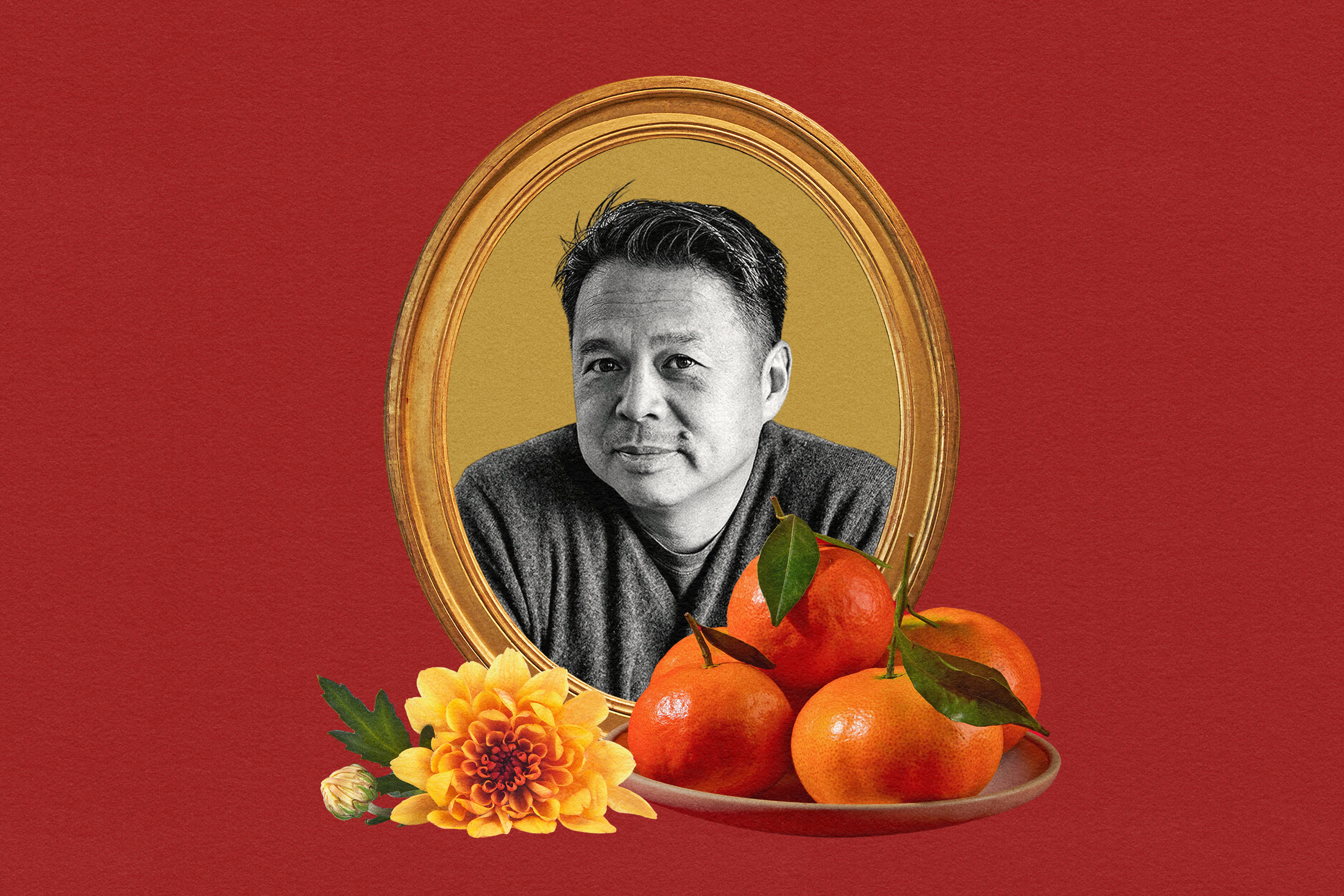 A photo collage depicting a man's photo sitting inside of a frame with fruits and flowers around it.