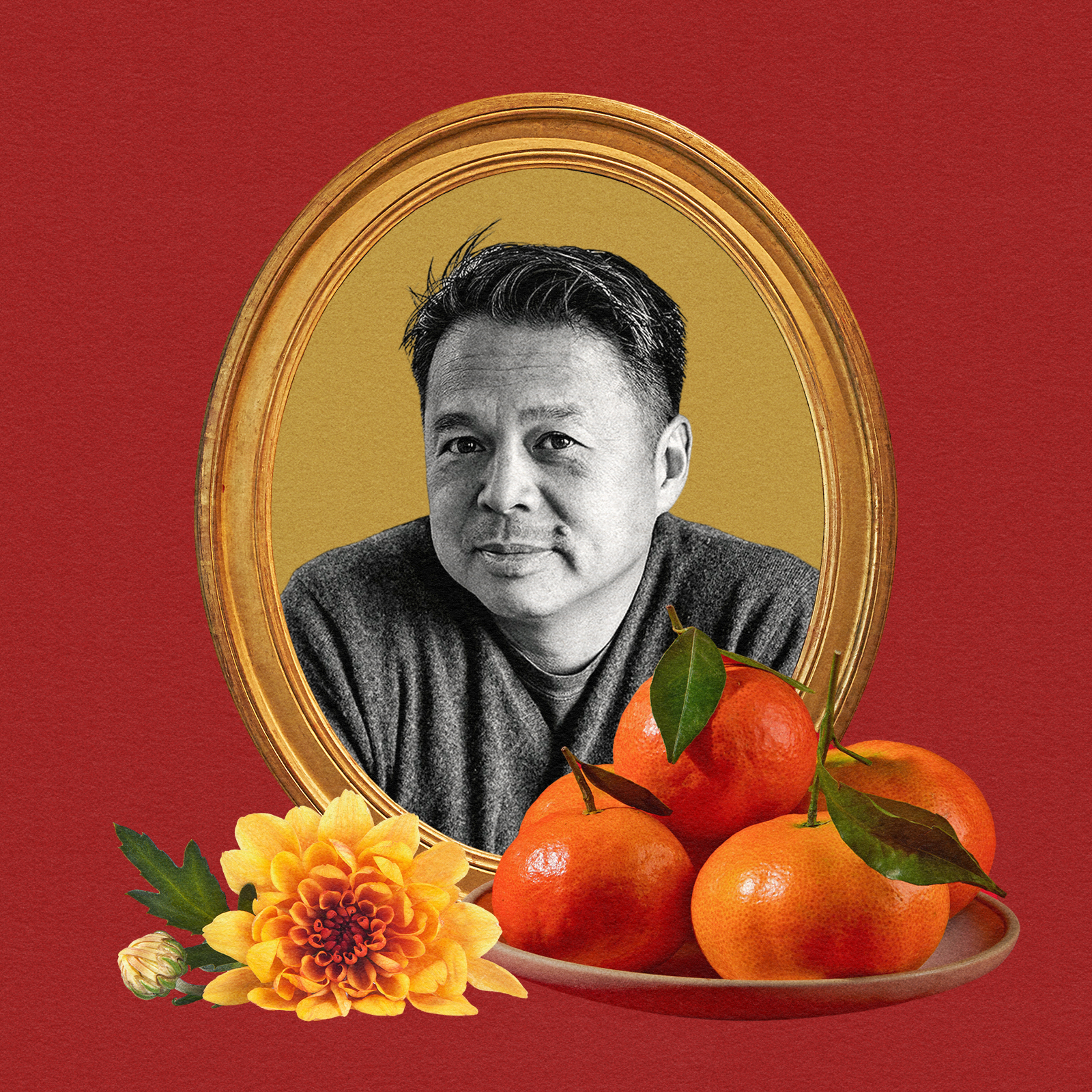 A photo collage depicting a man's photo sitting inside of a frame with fruits and flowers around it.