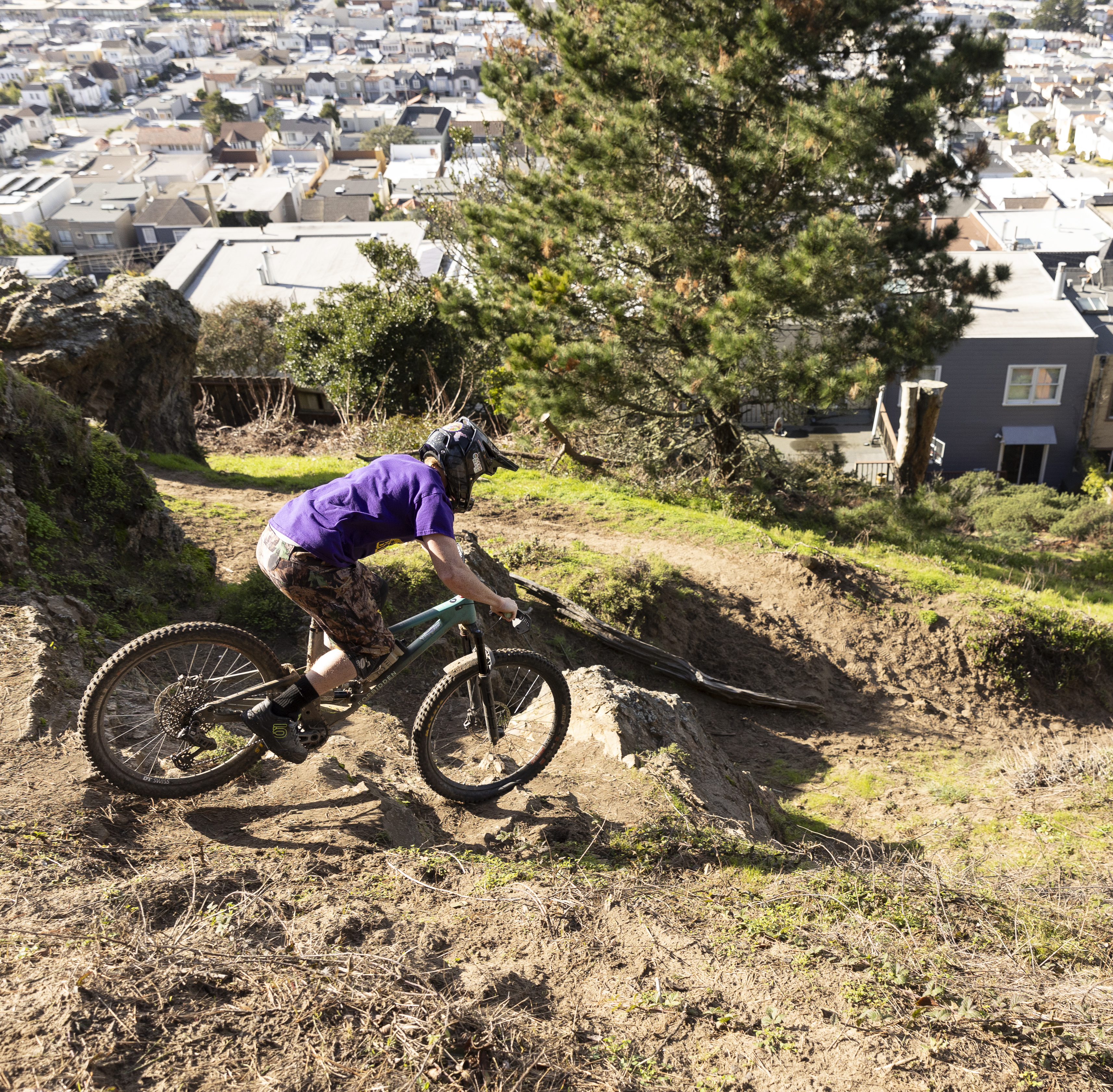 A person is mountain biking downhill on a dirt trail, wearing a helmet and a purple shirt. There's a large tree and a cityscape in the background.