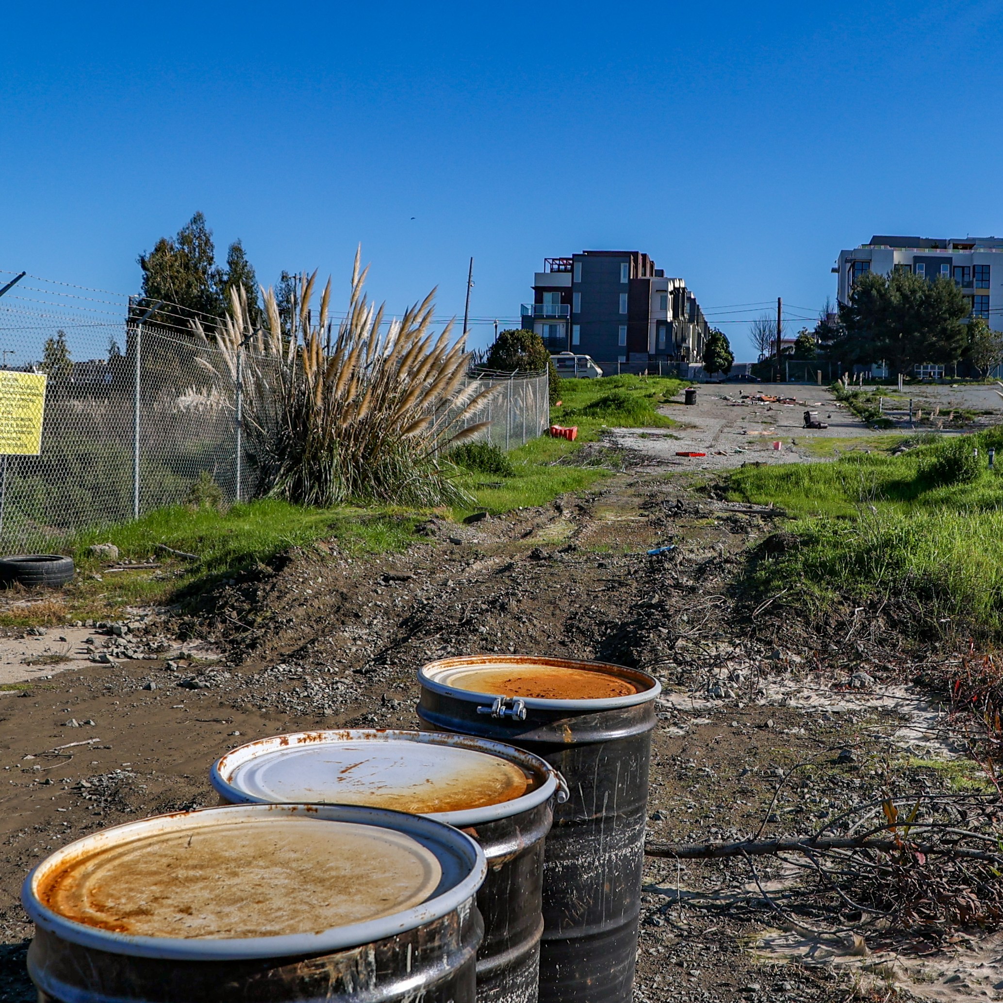 Three rusty barrels sit on a muddy path with scattered vegetation, a wire fence on the left, and distant modern buildings under a clear blue sky.