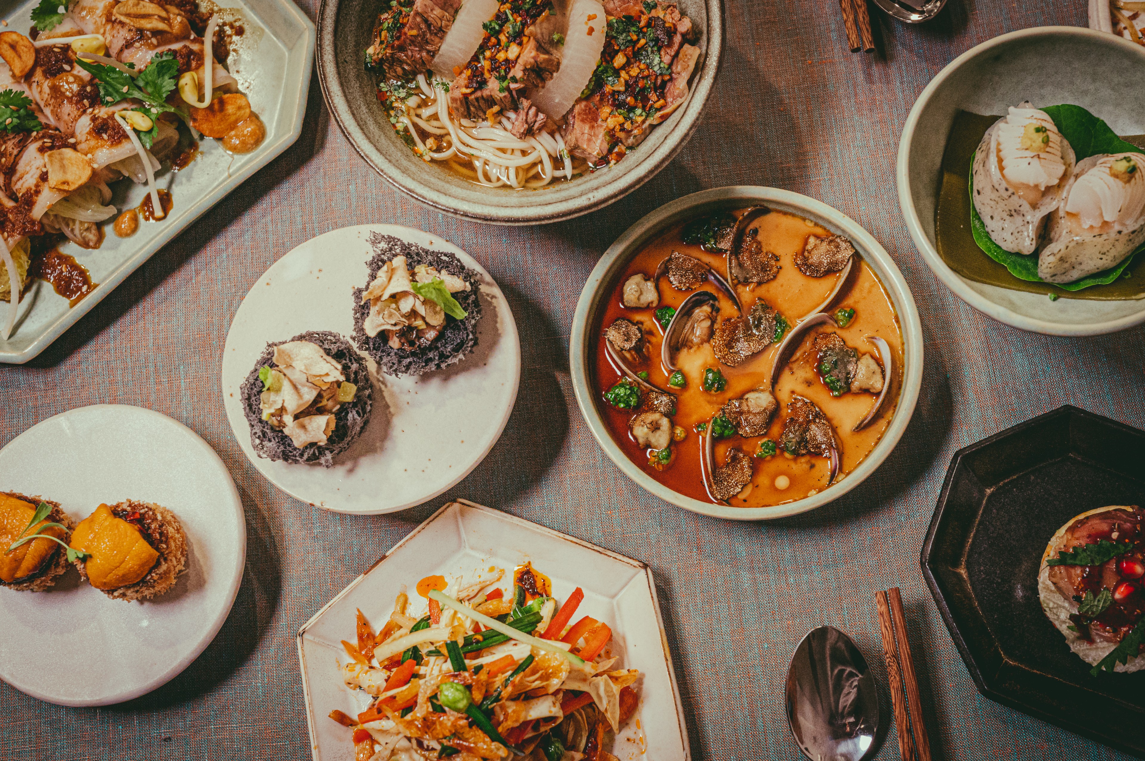 An array of gourmet dishes including bowls of soup, noodles, and artfully arranged appetizers on plates, all presented on a textured tablecloth.