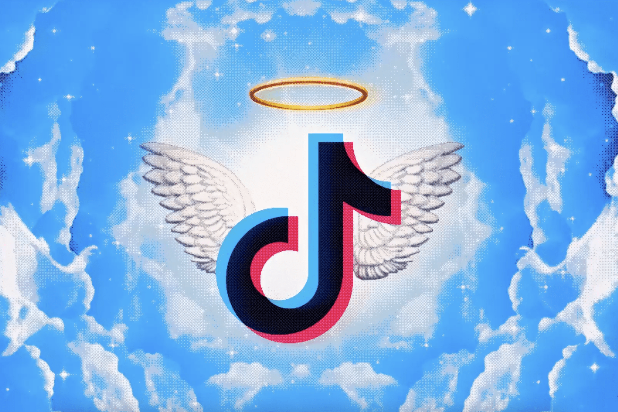 An illustration of the TikTok logo with angel wings and halo.