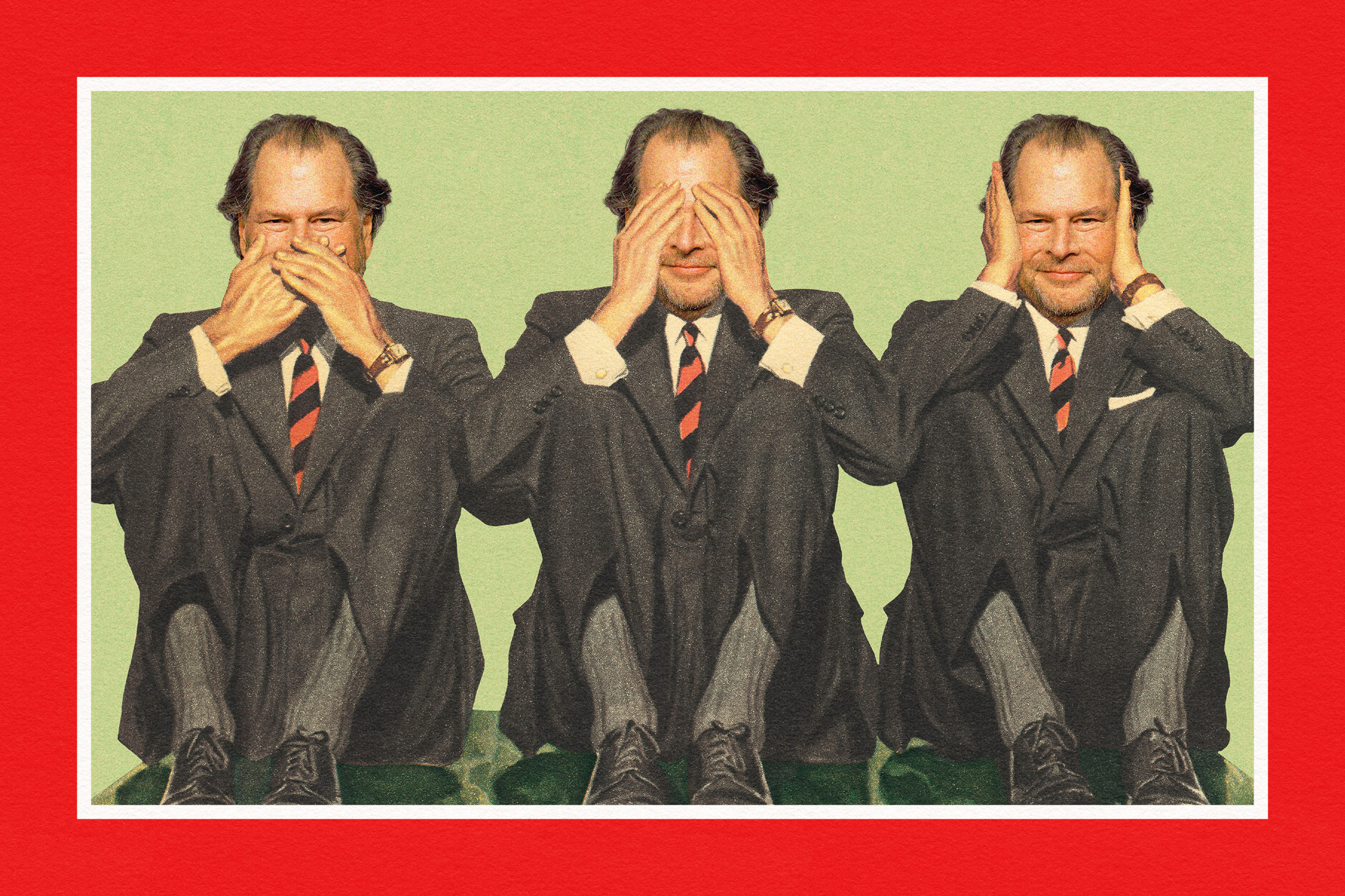 An illustration of 3 men in suits sitting on the floor. The first is covering his mouth, the second is covering his eyes, and the third is covering his ears.