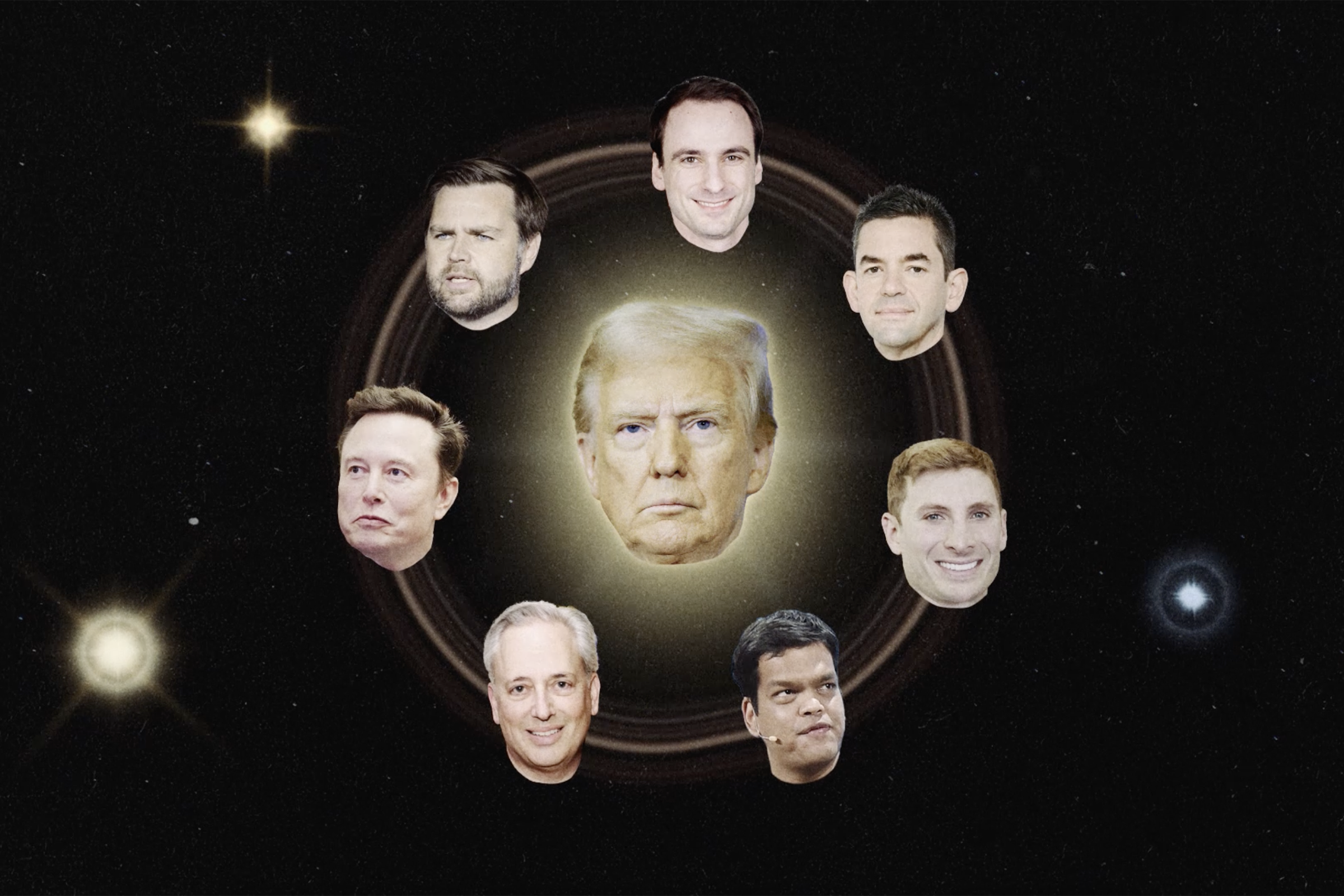 A 3d rendering of space featuring 8 portraits of men