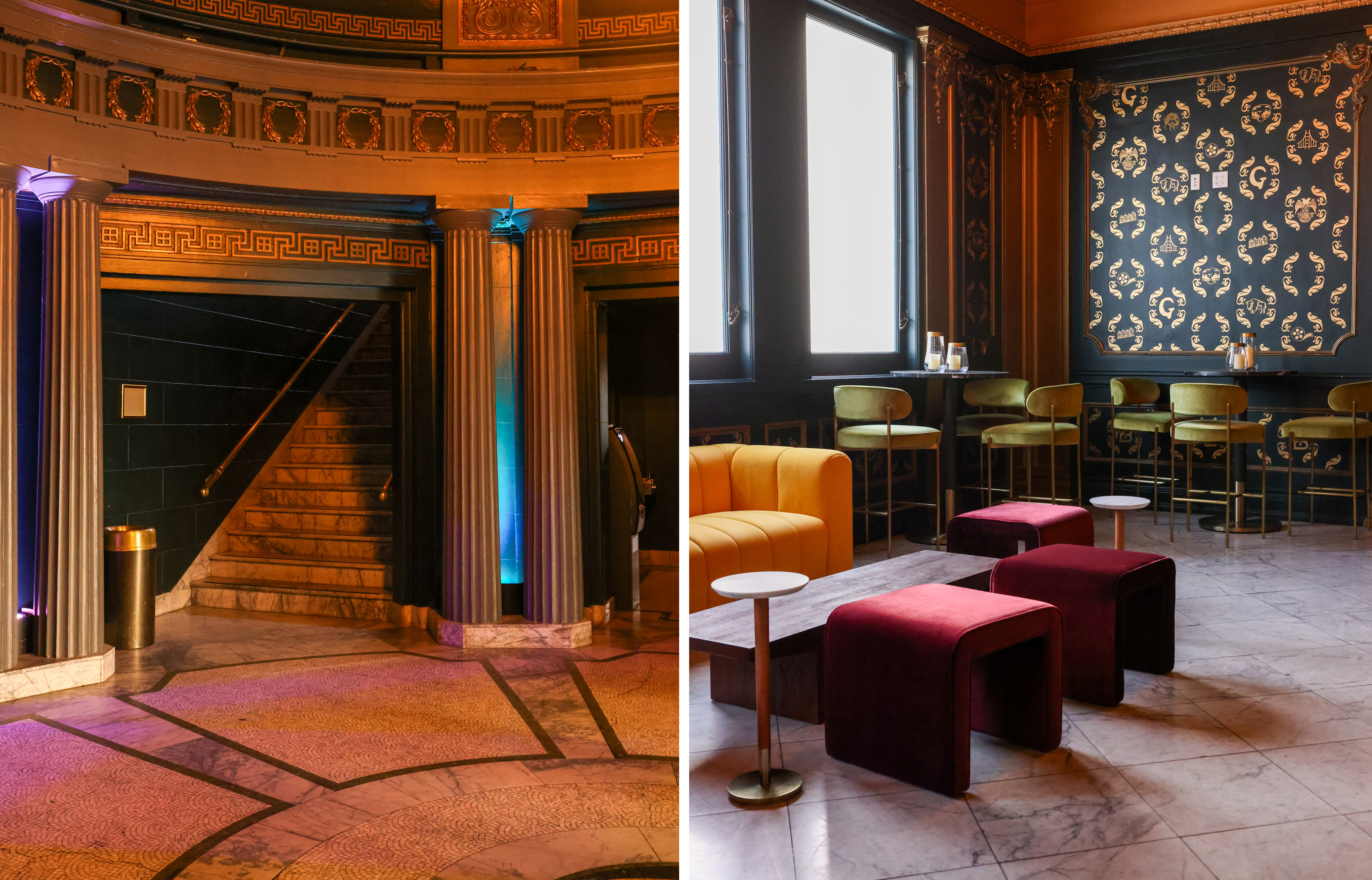 The image shows an elegant room with grand columns, stairs, and a lounge area. There's a yellow couch, red stools, and green chairs against ornate walls.