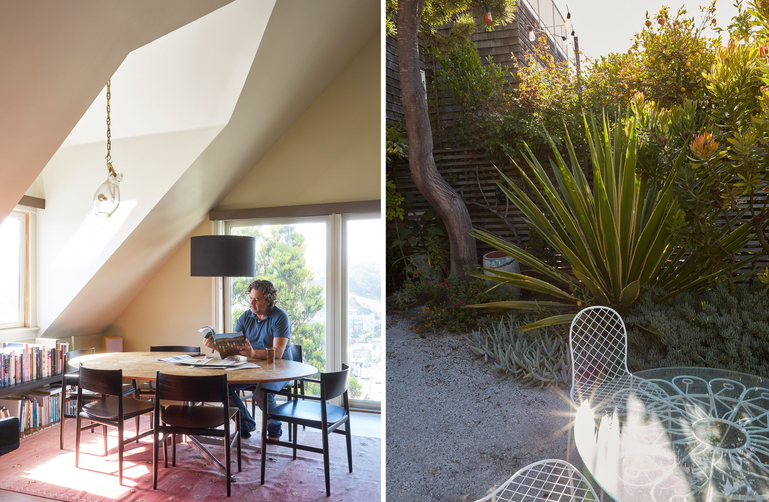 The image shows a split scene: on the left, a man reads at a round table in a cozy attic room with angled ceilings; on the right, a sunlit garden with lush plants and a glass table.