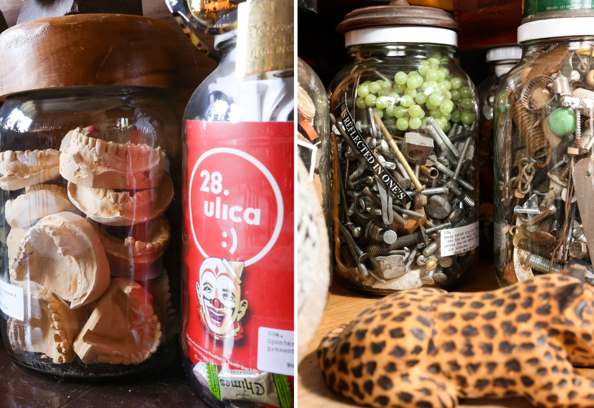 The image shows jars filled with dental molds, screws, and green beads. A red bottle with a clown graphic is nearby, and a leopard-patterned object is in front.