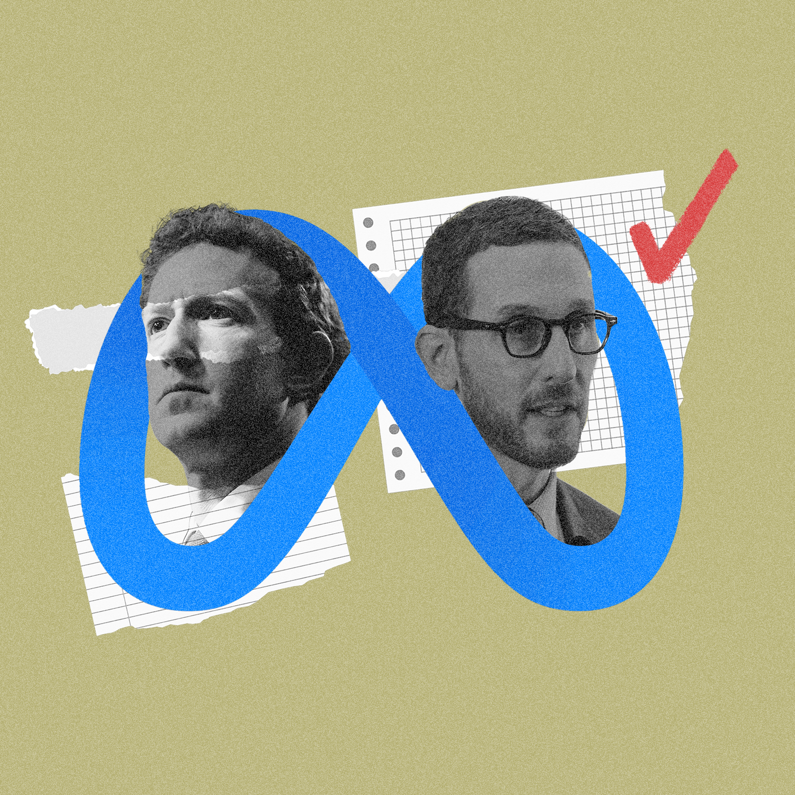 A collage shows two men's faces within an infinity symbol, placed against notepaper, with a red checkmark on a beige background.