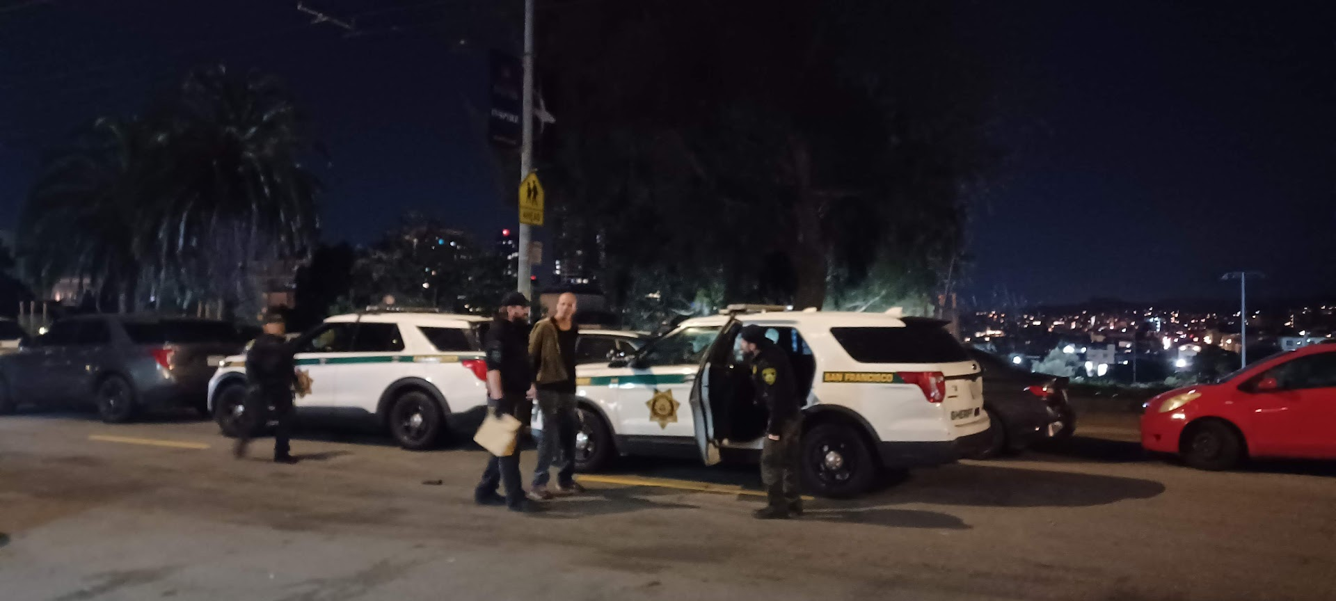 The image shows police cars parked on a street at night, with officers and a person standing nearby. City lights and palm trees are visible in the background.