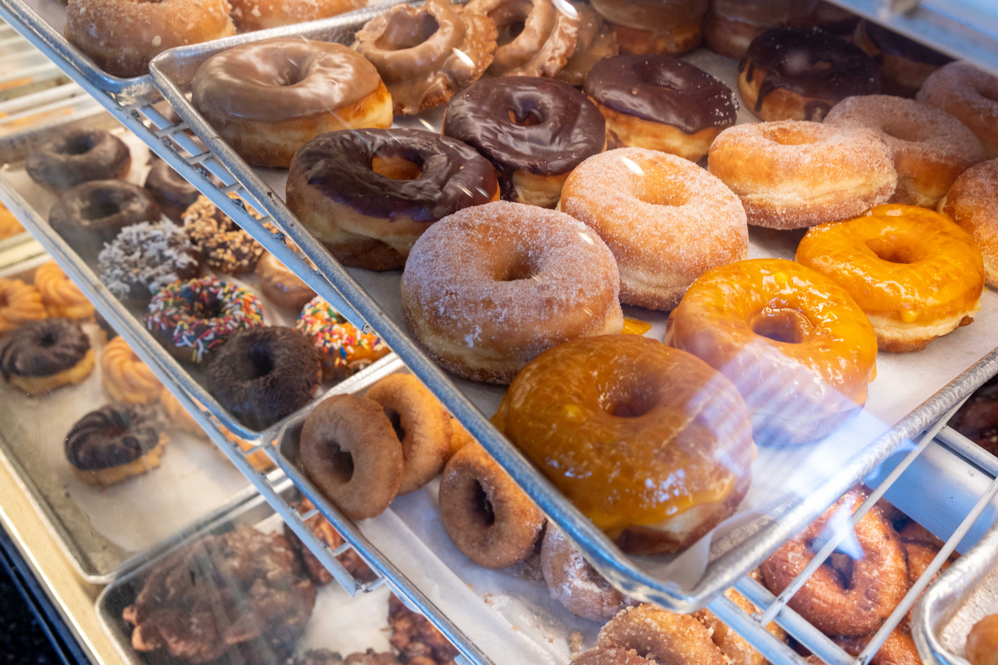 The image shows a variety of donuts in a display case, including glazed, chocolate, sugar-coated, and ones with colorful sprinkles, all on metal trays.