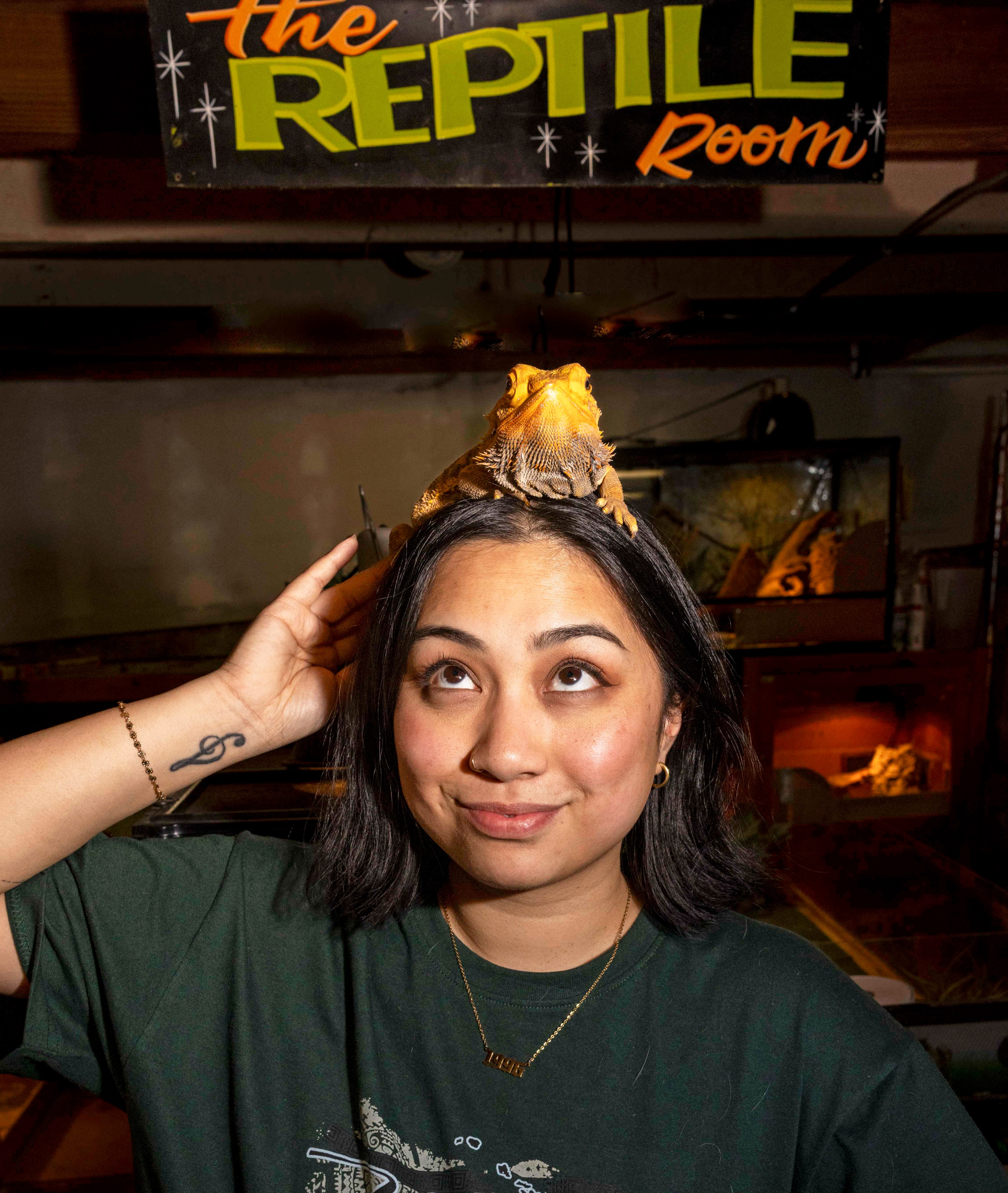 A person stands in "The Reptile Room" with a lizard perched on their head. They wear a green shirt, gold necklace, and have a wrist tattoo, smiling playfully.