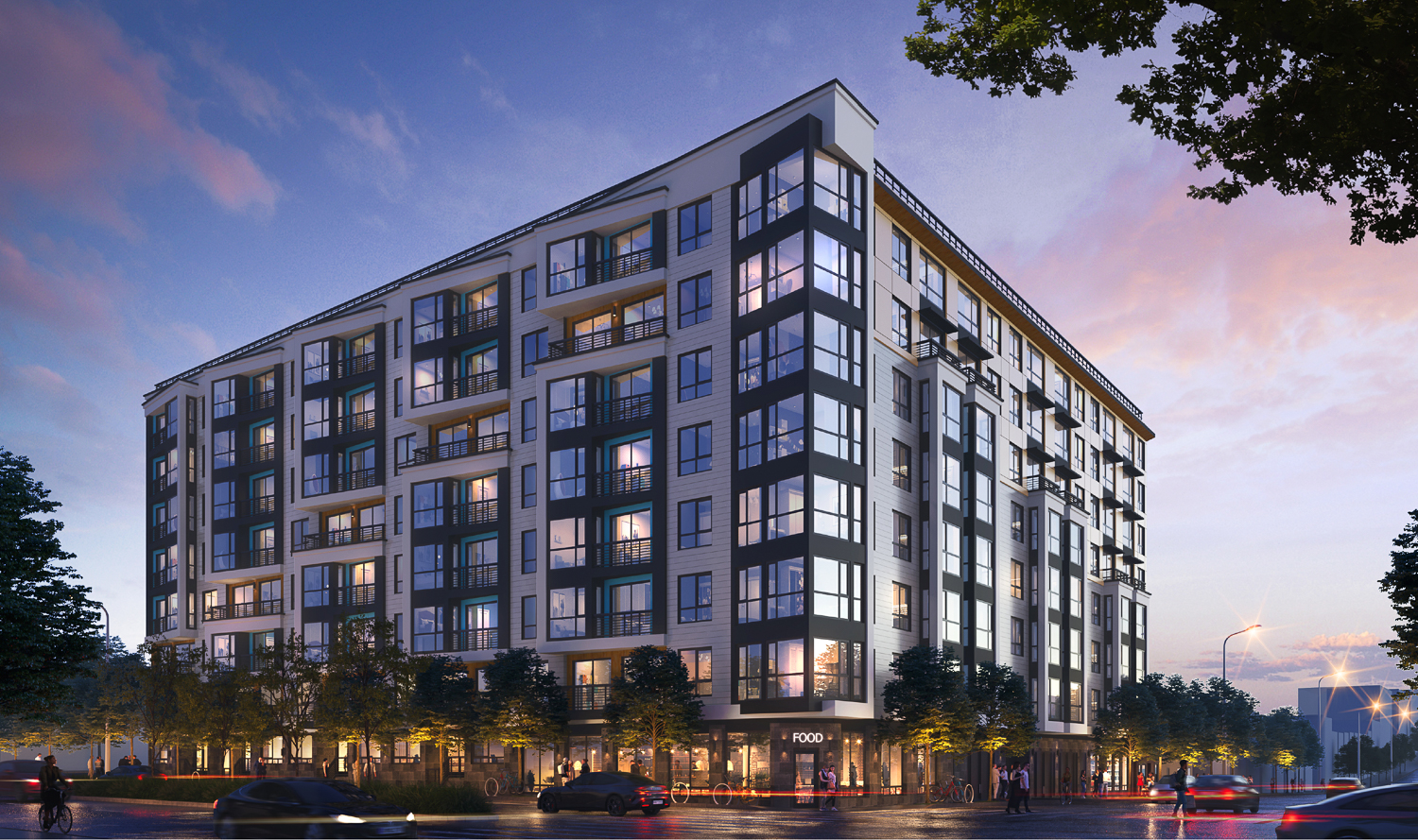 An architect rendering of a proposed residential development shows the eight-story building at sunset.