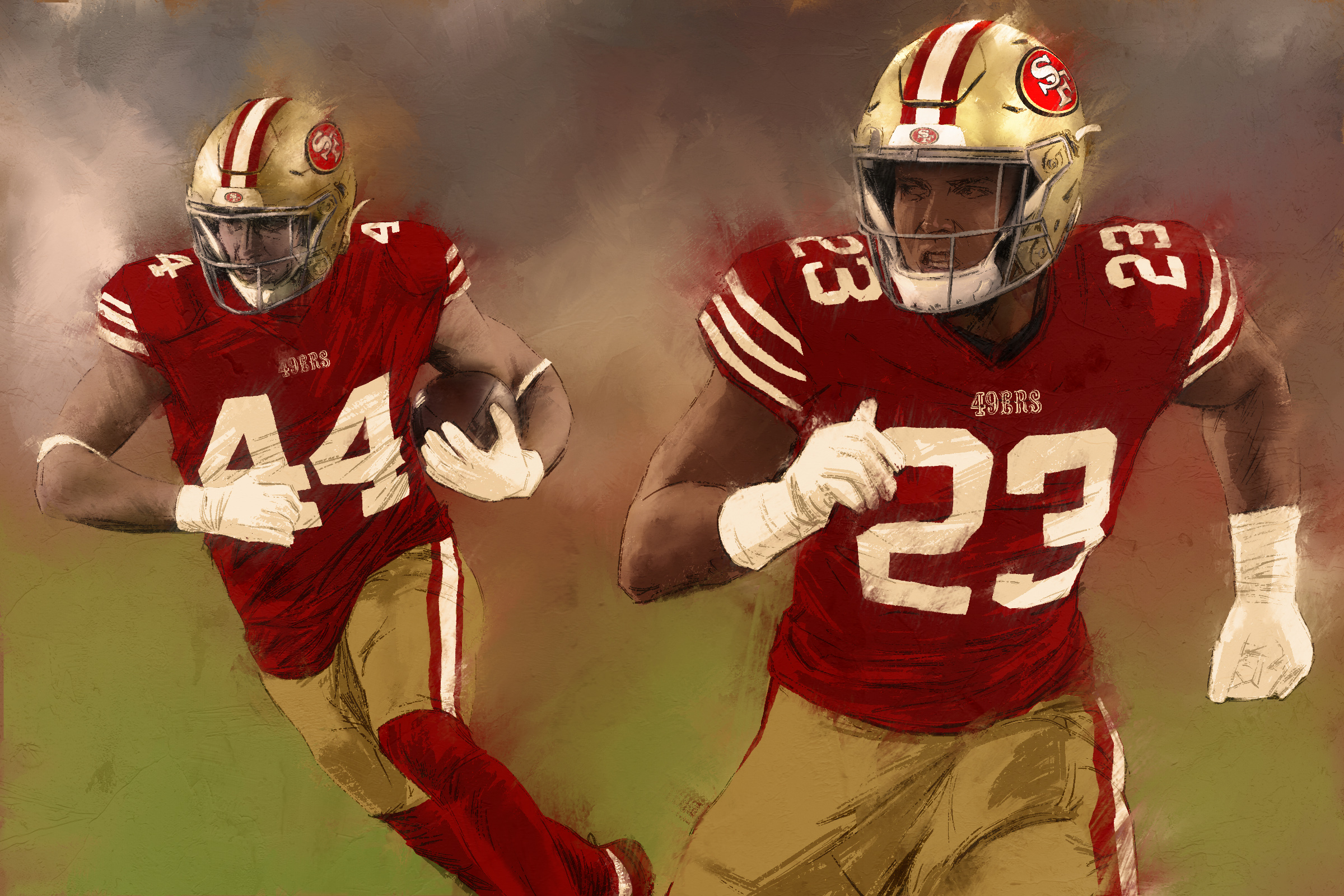 An illustration of two football players in red and gold uniform running towards the camera.