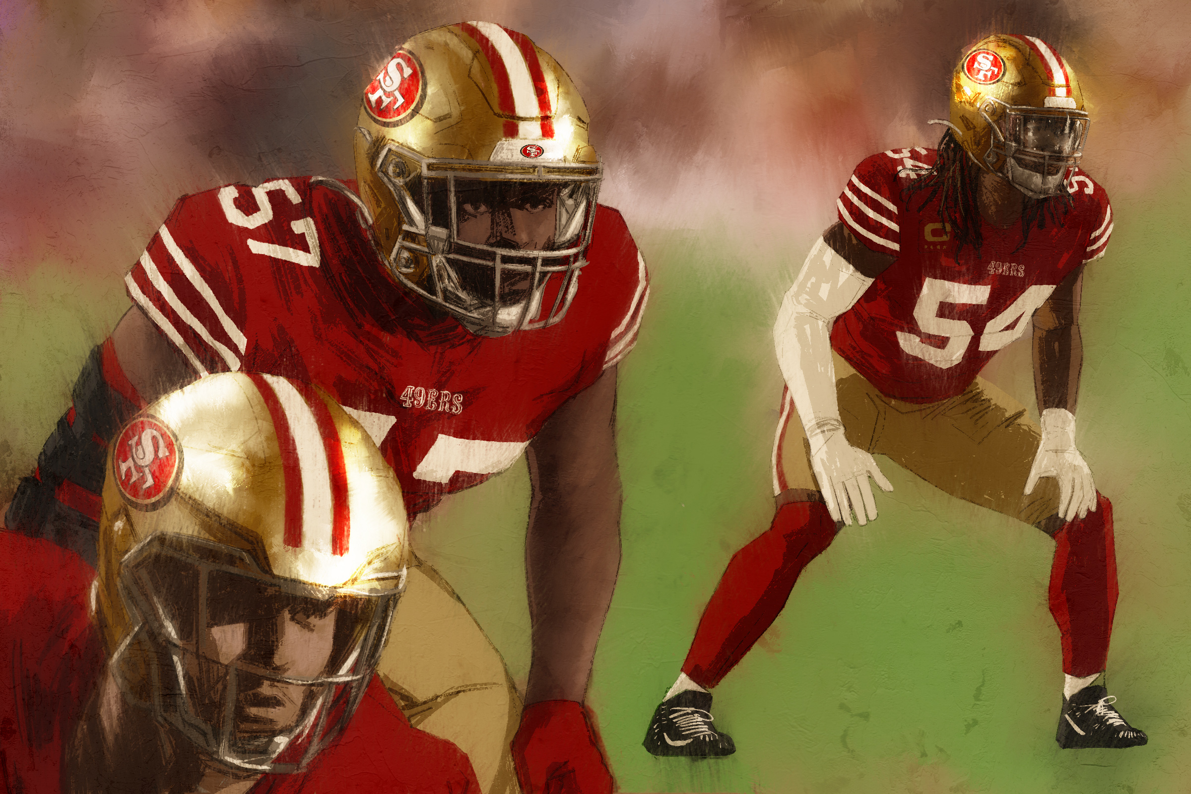 An illustration of three football players