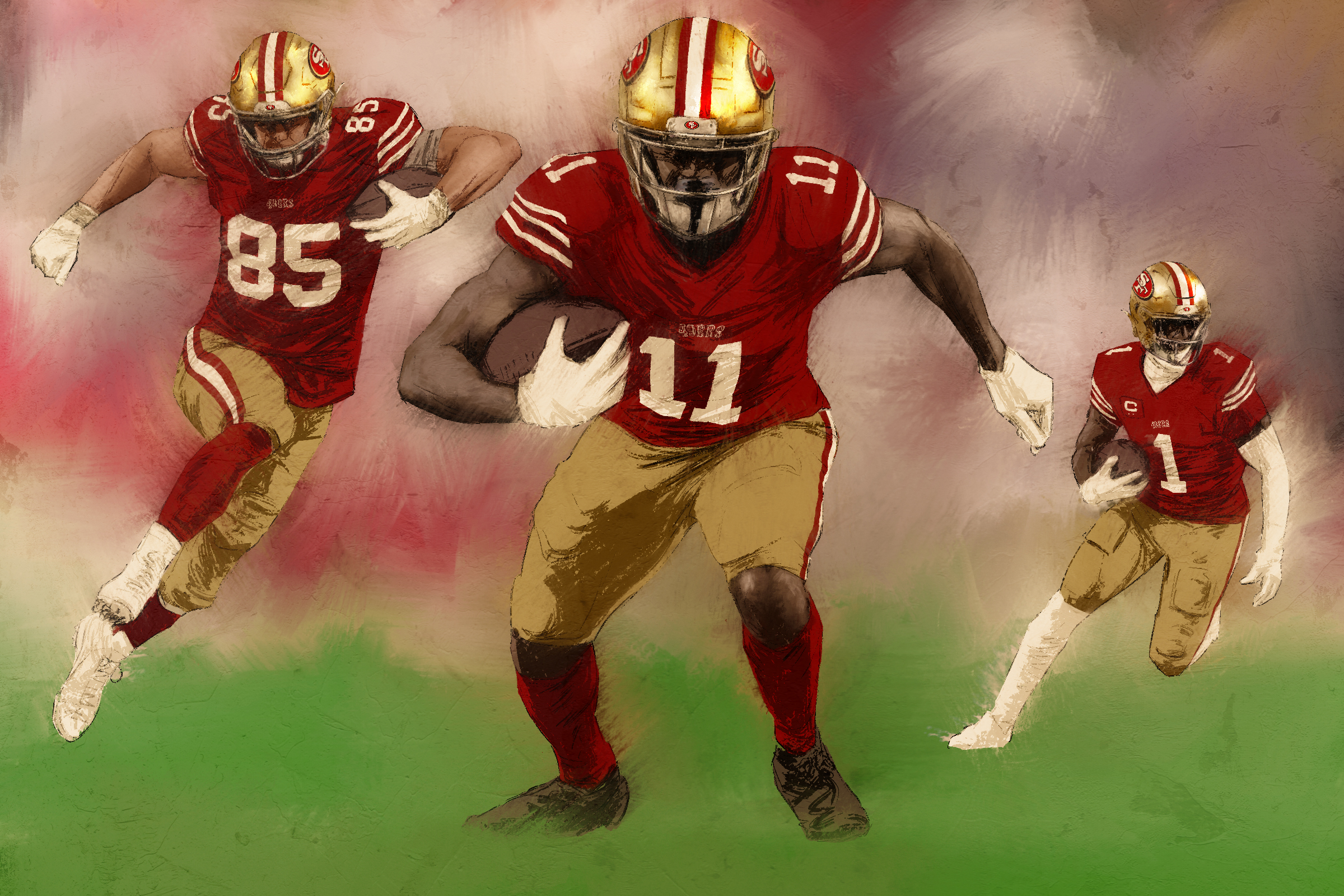 An illustration of three football players