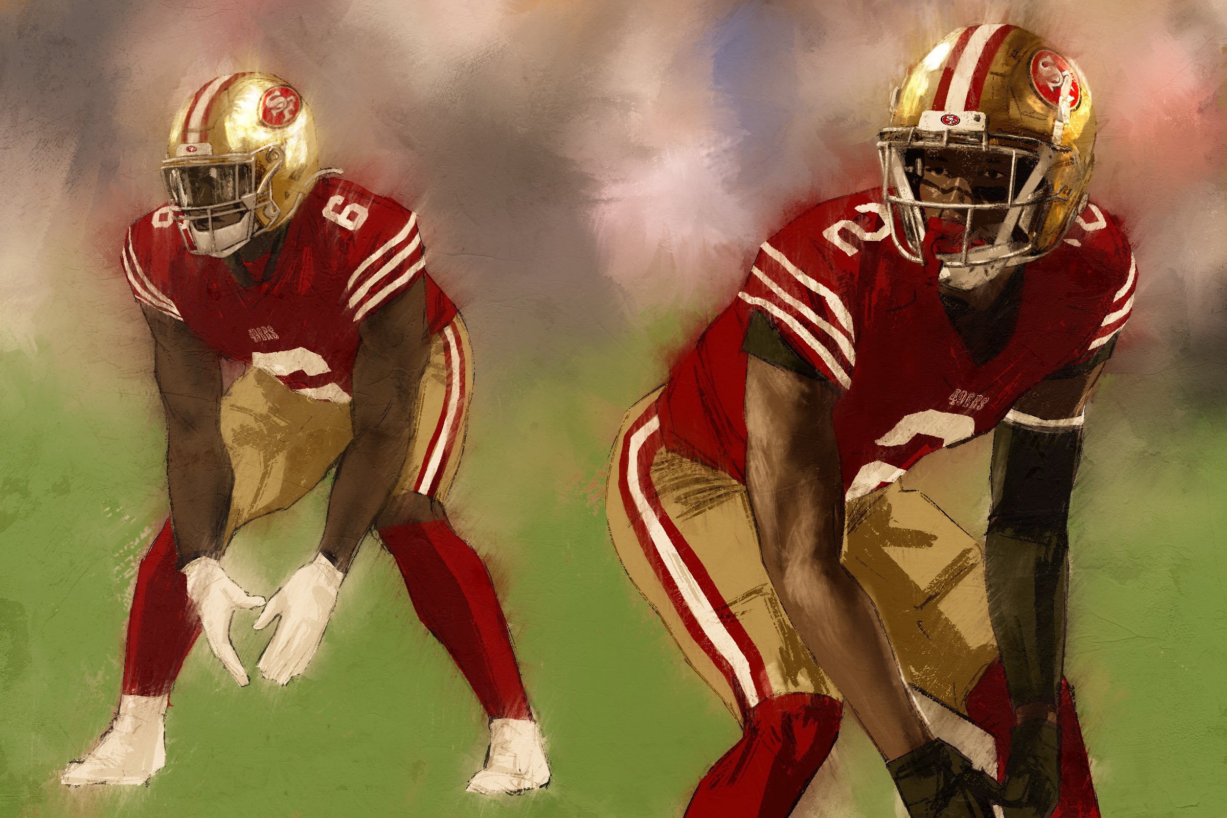 Two football players in red and gold uniforms with helmets and visors are on a field, ready for action. The scene has a painted, artistic style.