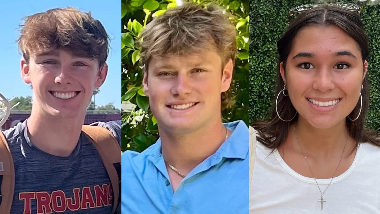 The image shows a collage of three young people, each smiling. The person on the left wears a &quot;Trojans&quot; shirt, the middle one wears a blue shirt, and the right one wears hoop earrings.