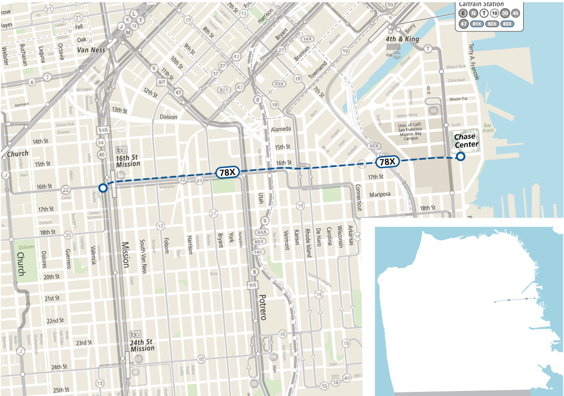 The image shows a transit map with a blue dashed line route 78X connecting 16th St Mission to Chase Center, passing through urban streets with a bay on the right.