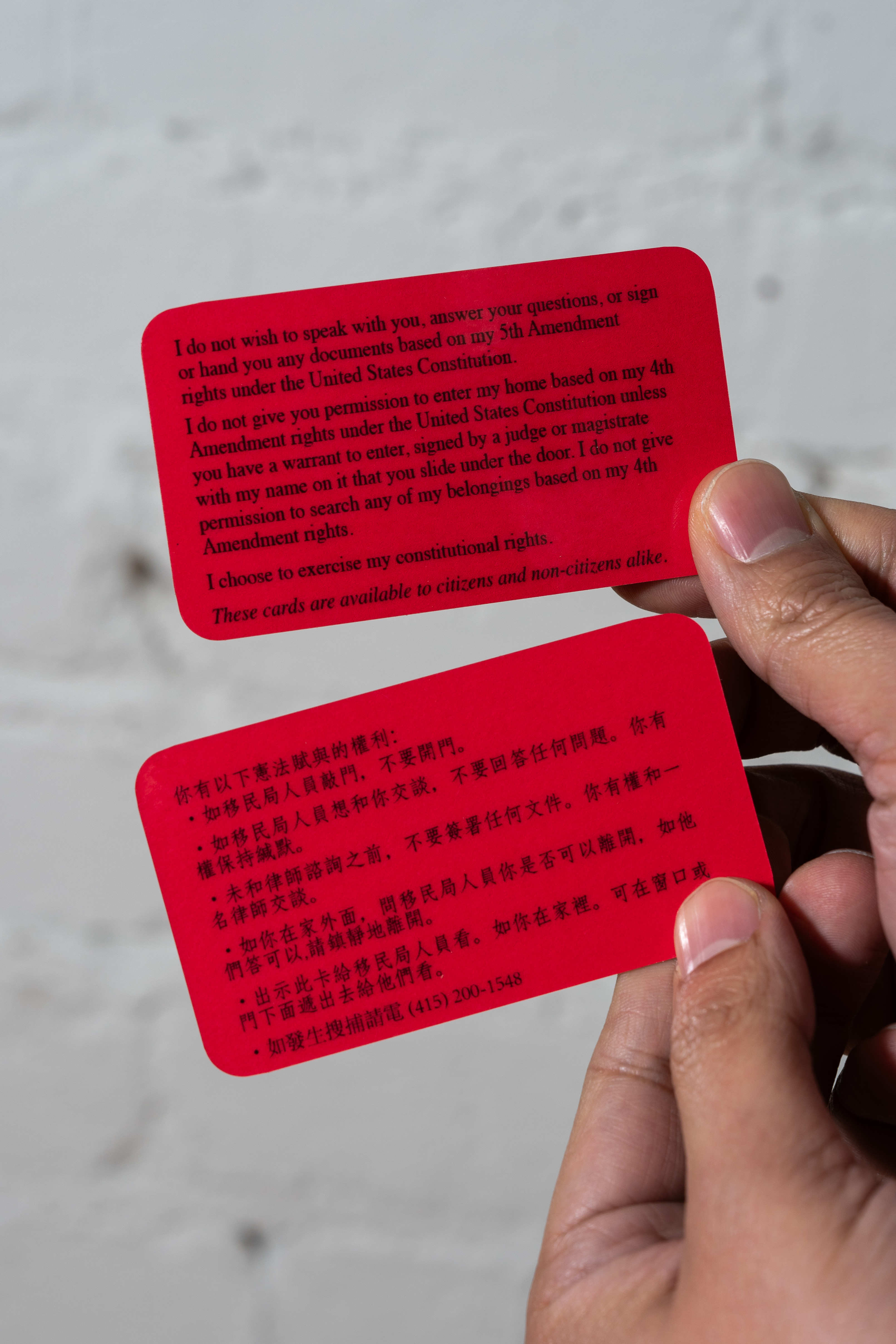 A person holds two red cards with printed messages about exercising constitutional rights, in English and Chinese, presumably related to legal rights and permissions.