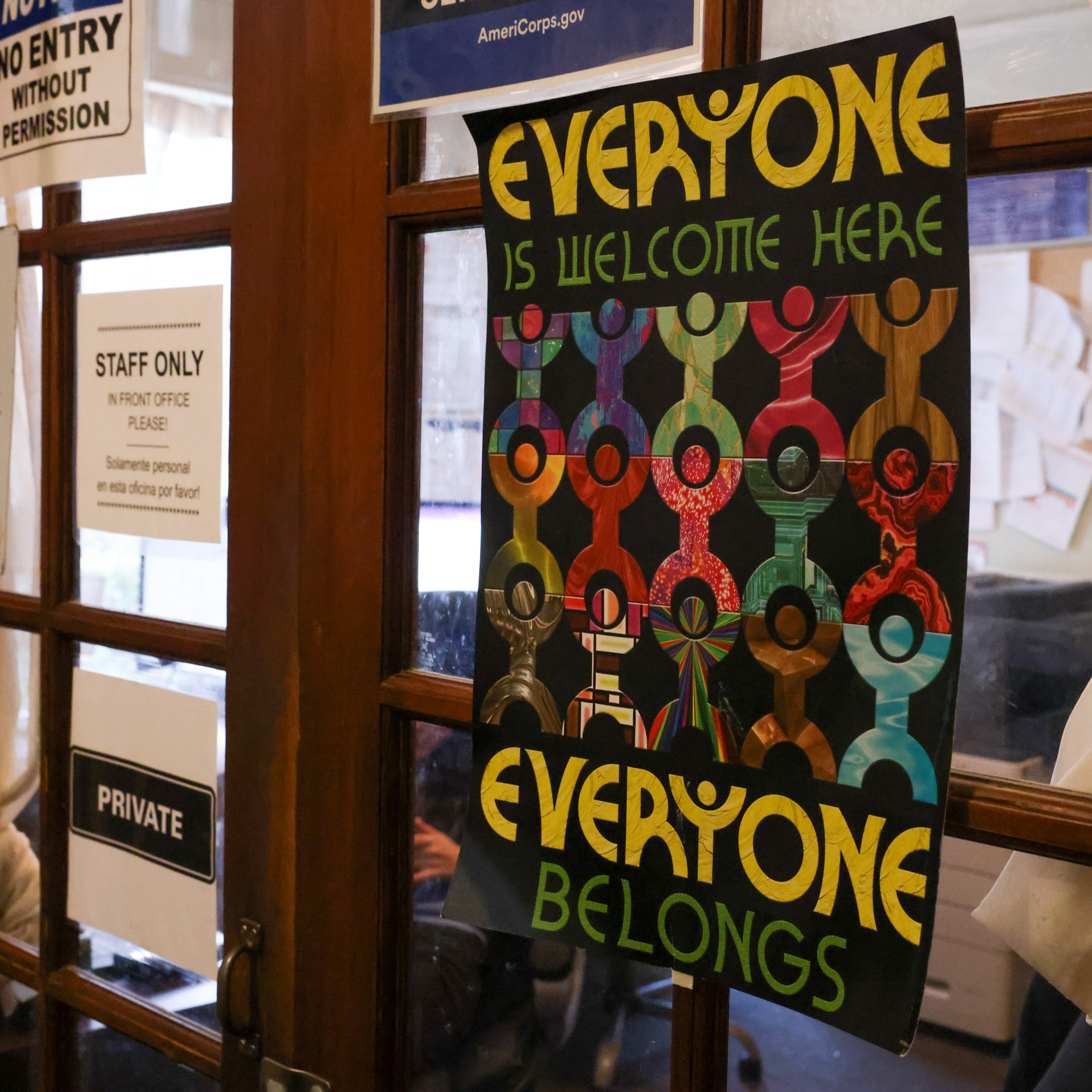 A welcoming sign hangs on the door to the staff office at the Huckleberry House, a 24-hour crisis service and emergency shelter for high-need teenagers, in San Francisco on Thursday, Feb. 6, 2025. The Trump administration's payment freeze and other actions have affected nonprofits in the Bay Area, and the outlook for the future remains uncertain.