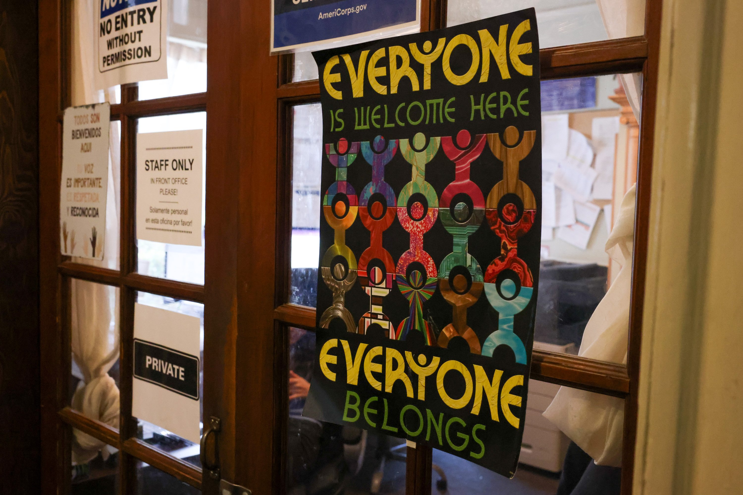 A welcoming sign hangs on the door to the staff office at the Huckleberry House, a 24-hour crisis service and emergency shelter for high-need teenagers, in San Francisco on Thursday, Feb. 6, 2025. The Trump administration's payment freeze and other actions have affected nonprofits in the Bay Area, and the outlook for the future remains uncertain.