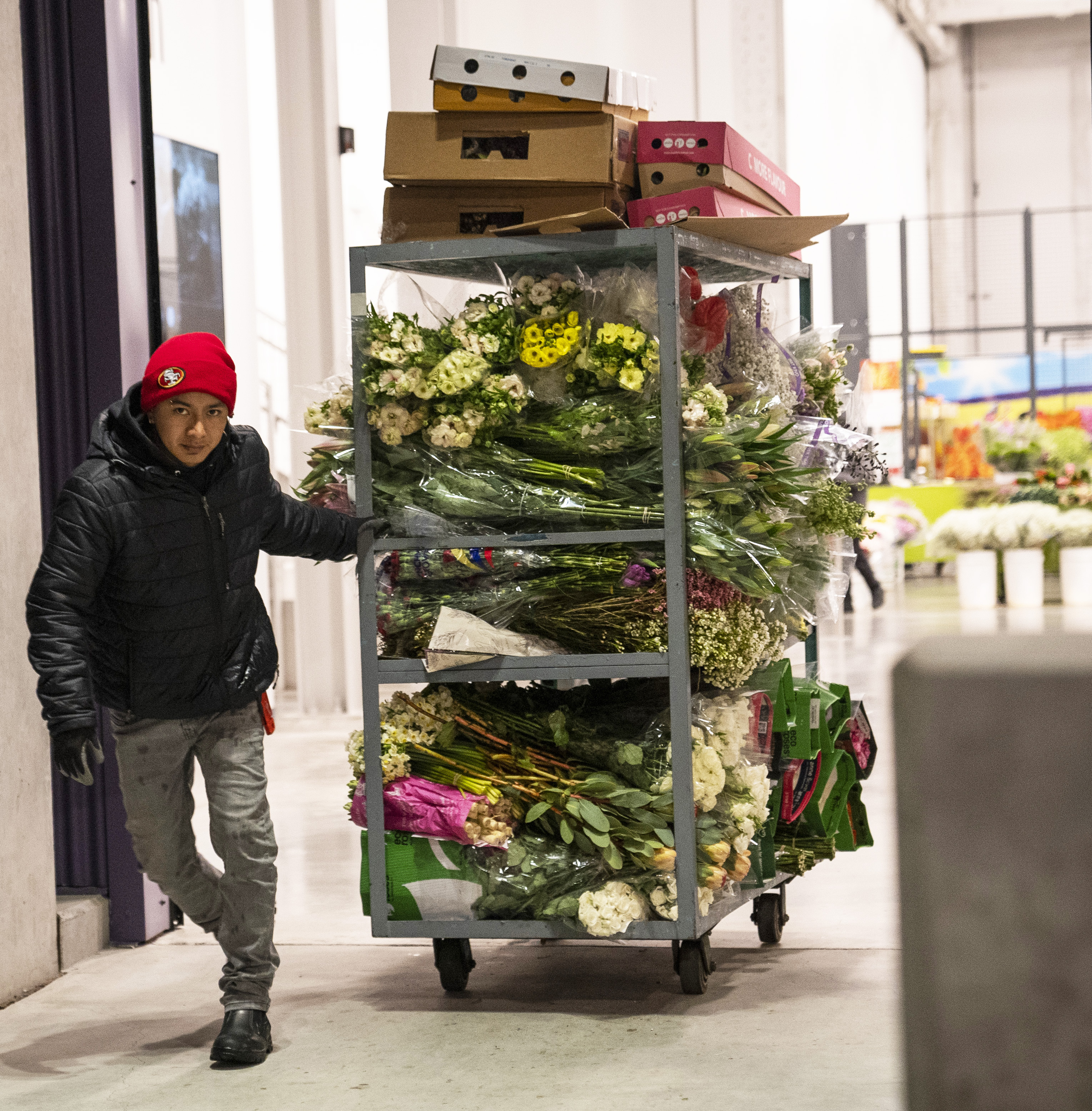 A person in a red hat pushes a cart filled with various colorful flowers and boxes in a spacious indoor setting.