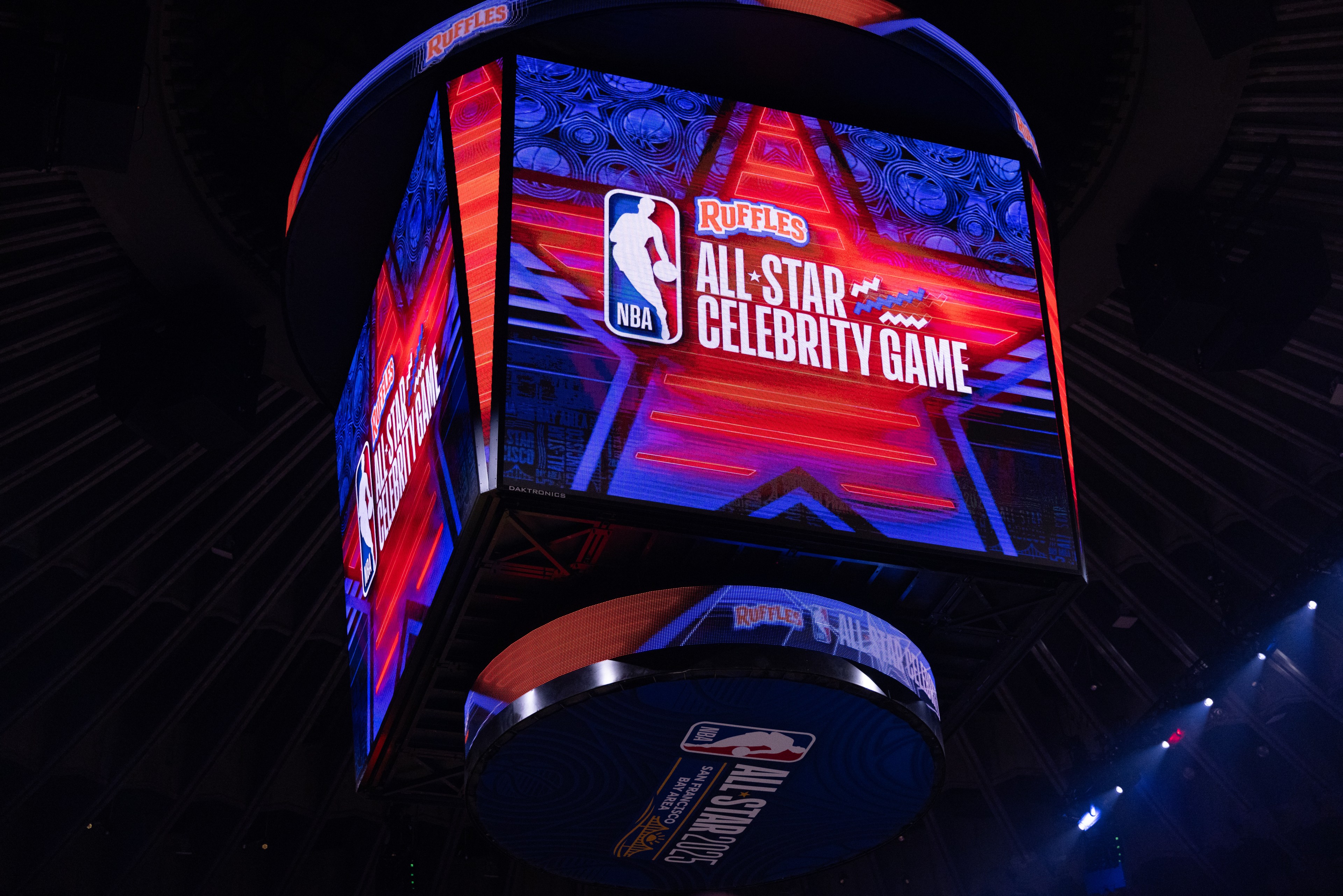 A jumbotron rests at the 2025 NBA All-Star Celebrity Game in Oakland, on Friday, Feb. 14, 2025. The Ruffles NBA All-Star Celebrity Game was hosted at Oakland Arena (formerly Oracle Arena) as part of the 2025 NBA All Start Weekend.