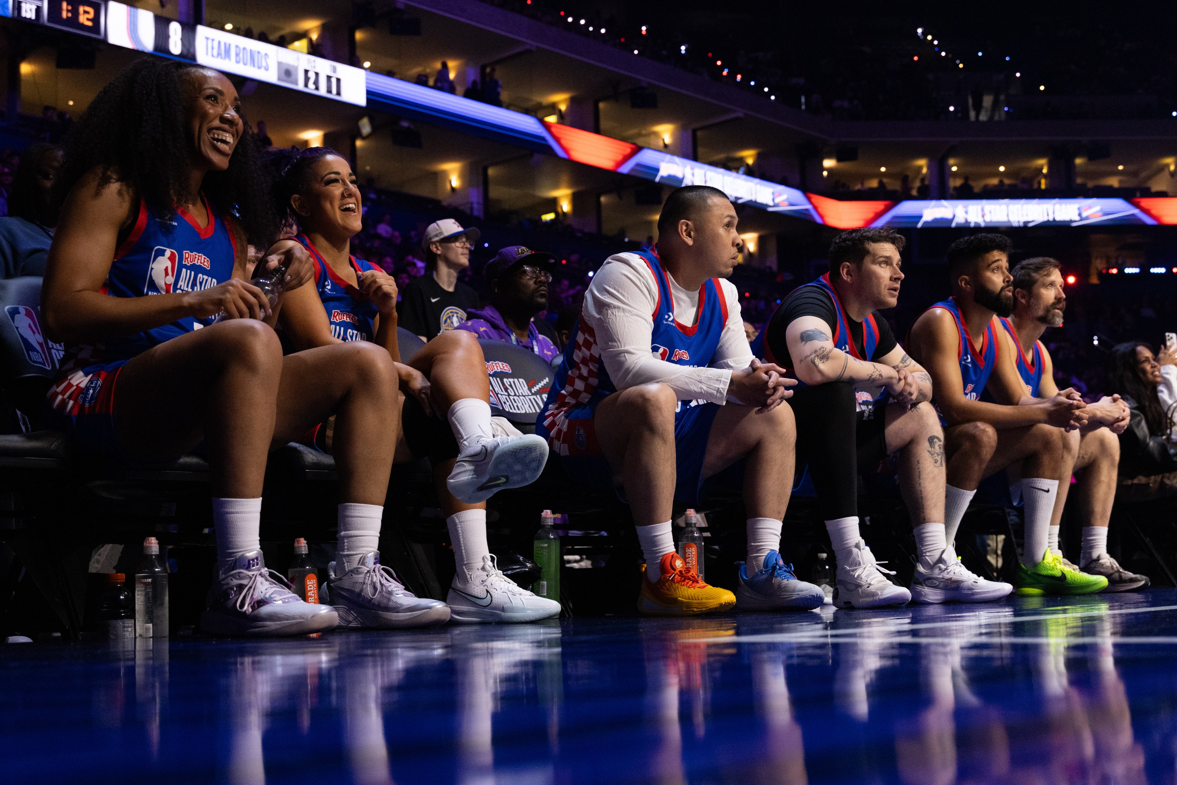 Team Rice sits at the 2025 NBA All-Star Celebrity Game in Oakland, on Friday, Feb. 14, 2025. The Ruffles NBA All-Star Celebrity Game was hosted at Oakland Arena (formerly Oracle Arena) as part of the 2025 NBA All Start Weekend.