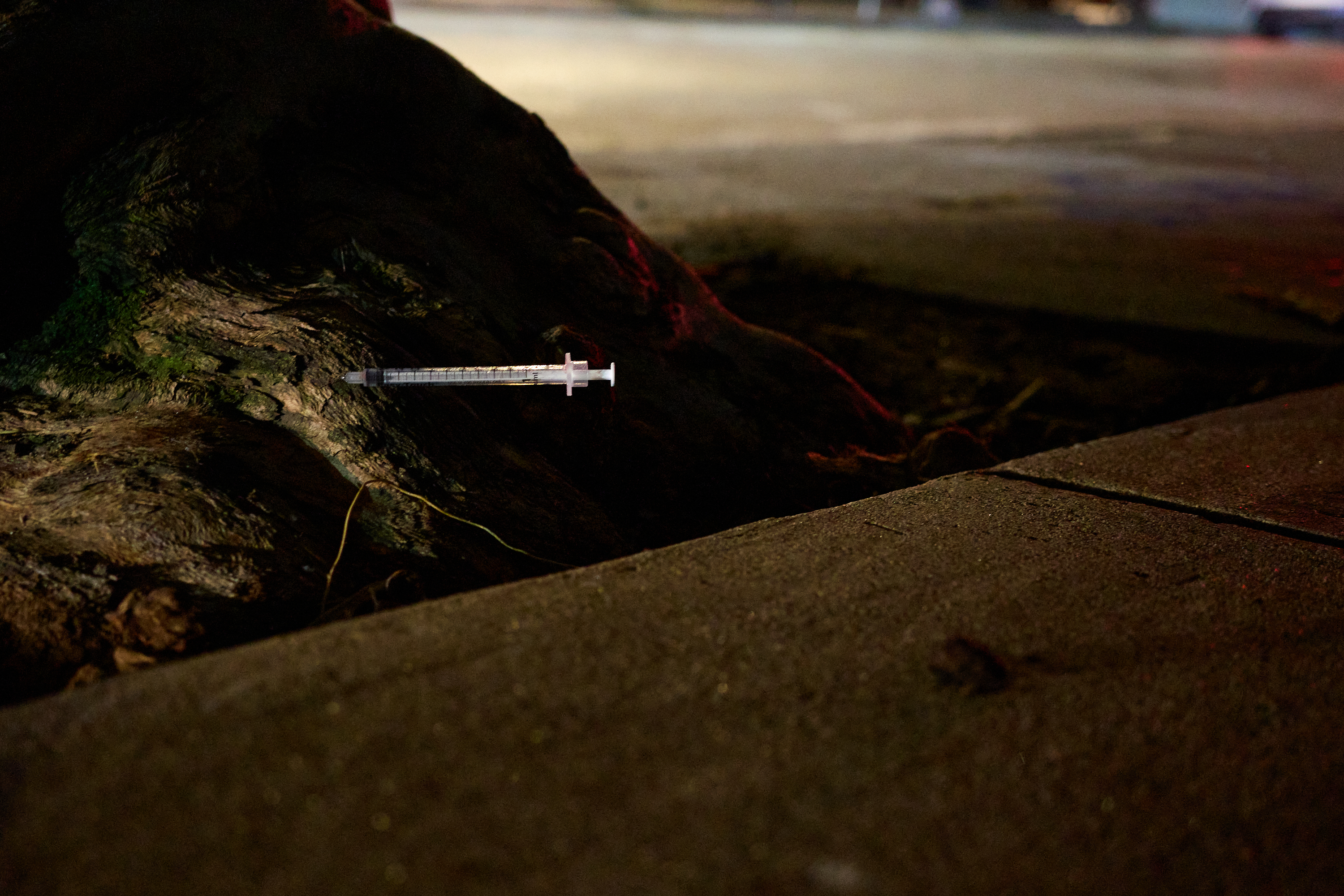 A syringe lies on the ground next to a tree root, partially illuminated by nearby lights, with a concrete sidewalk in the foreground.