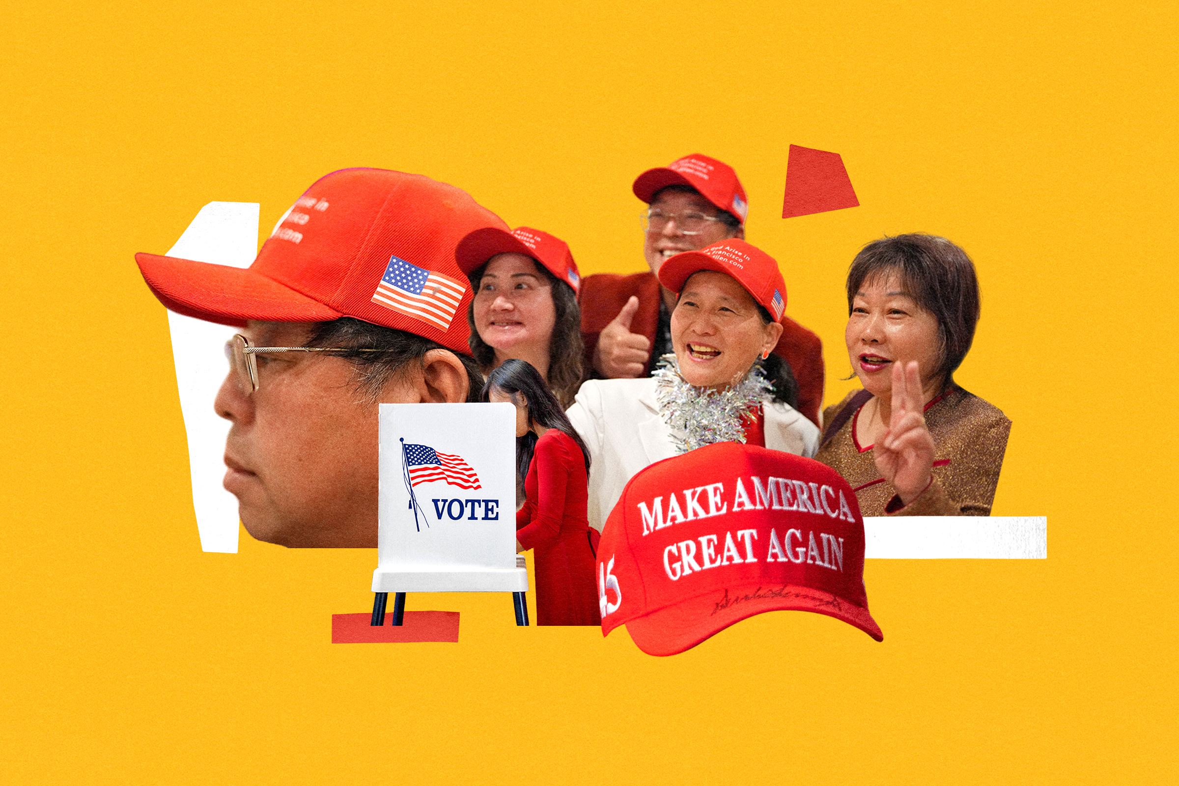 A photo collage of people wearing red hats.