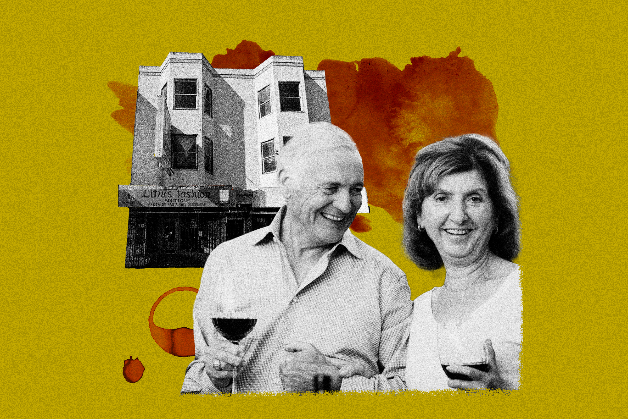 A smiling older couple holds wine glasses in front of a building facade with "Linus Fashion Boutique" signage. The background is mustard yellow with red accents.