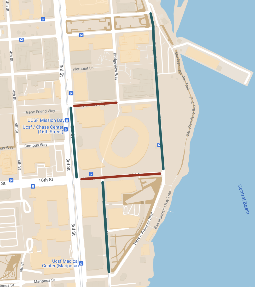 The map shows streets near the UCSF Mission Bay, with 3rd Street, 16th Street, and the San Francisco Bay Trail by the water, and marked bus stops.