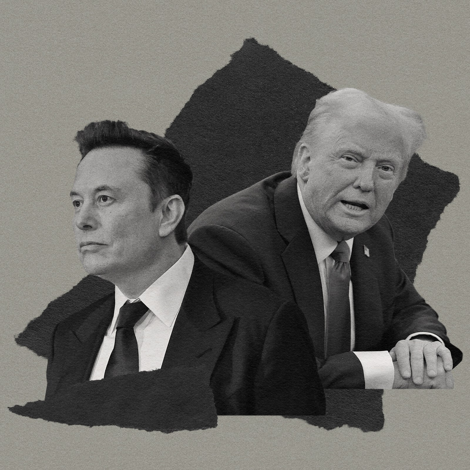 A photo collage of 2 men against ripped paper